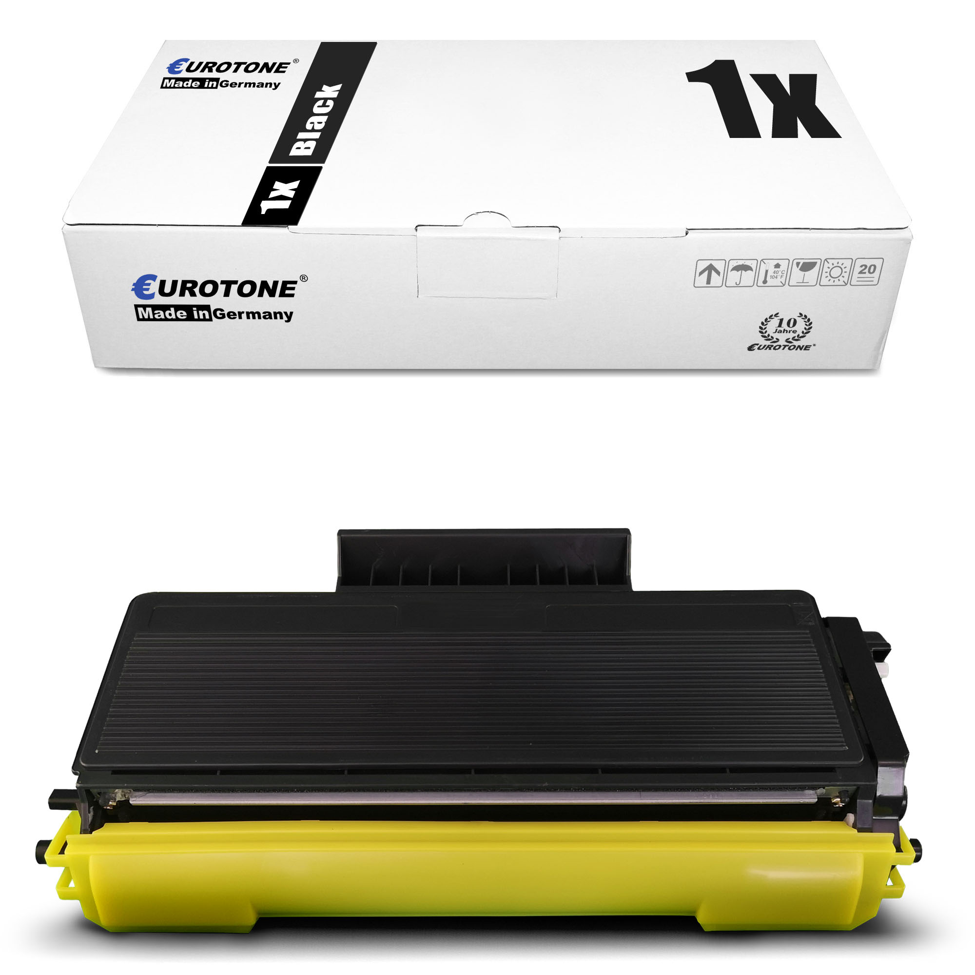 Tonerkartusche und Box. Box ist weiß mit schwarzem Text. Patrone ist schwarz und gelb.