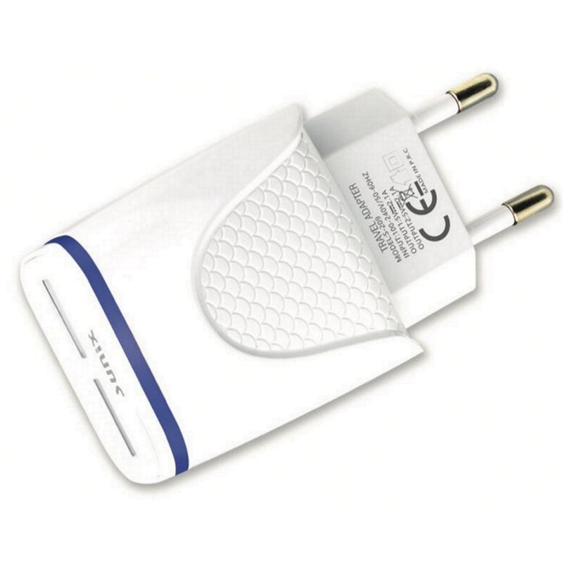 Weißer Reiseadapter mit blauen Akzenten und zwei Stiften.