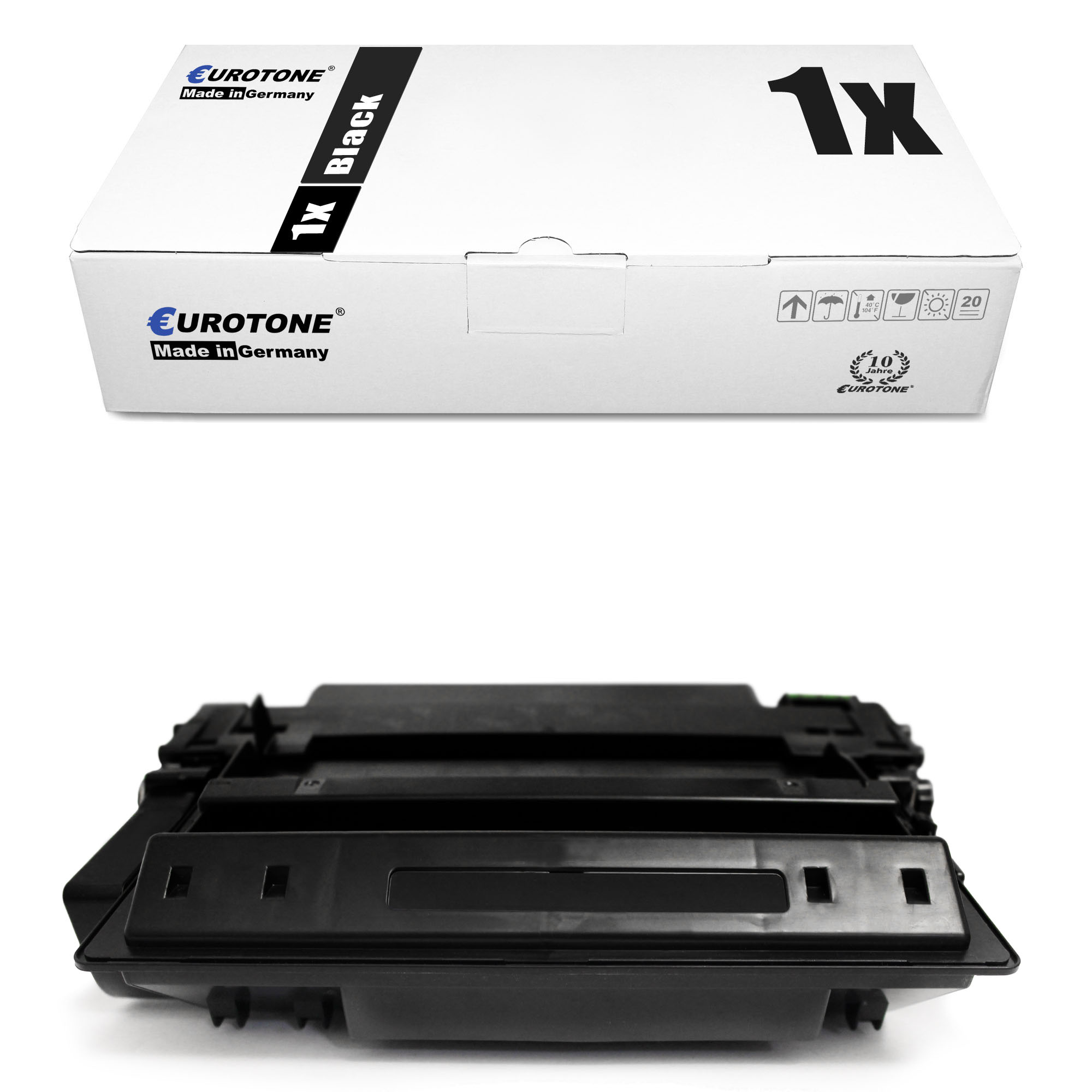 Schwarze Tonerkartusche und weiße Box. Die Box sagt '1x Schwarz' und die Marke 'Eurotone'.