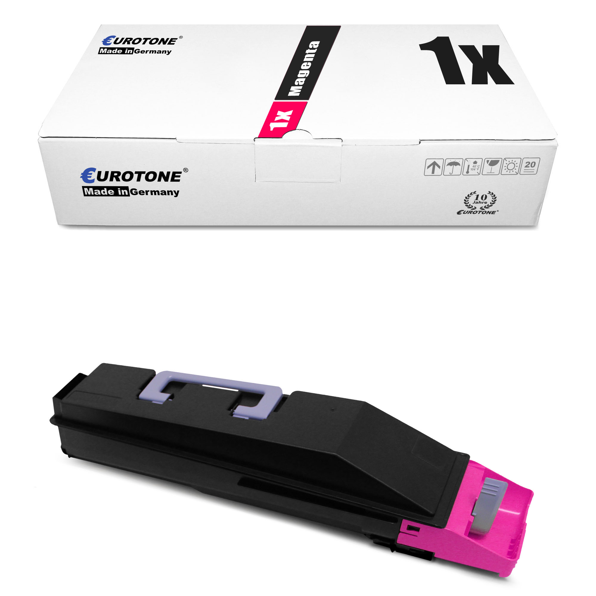 Weiße Box mit schwarzer und magenta Tonerpatrone. Auf der Box steht 'Made in Germany'.