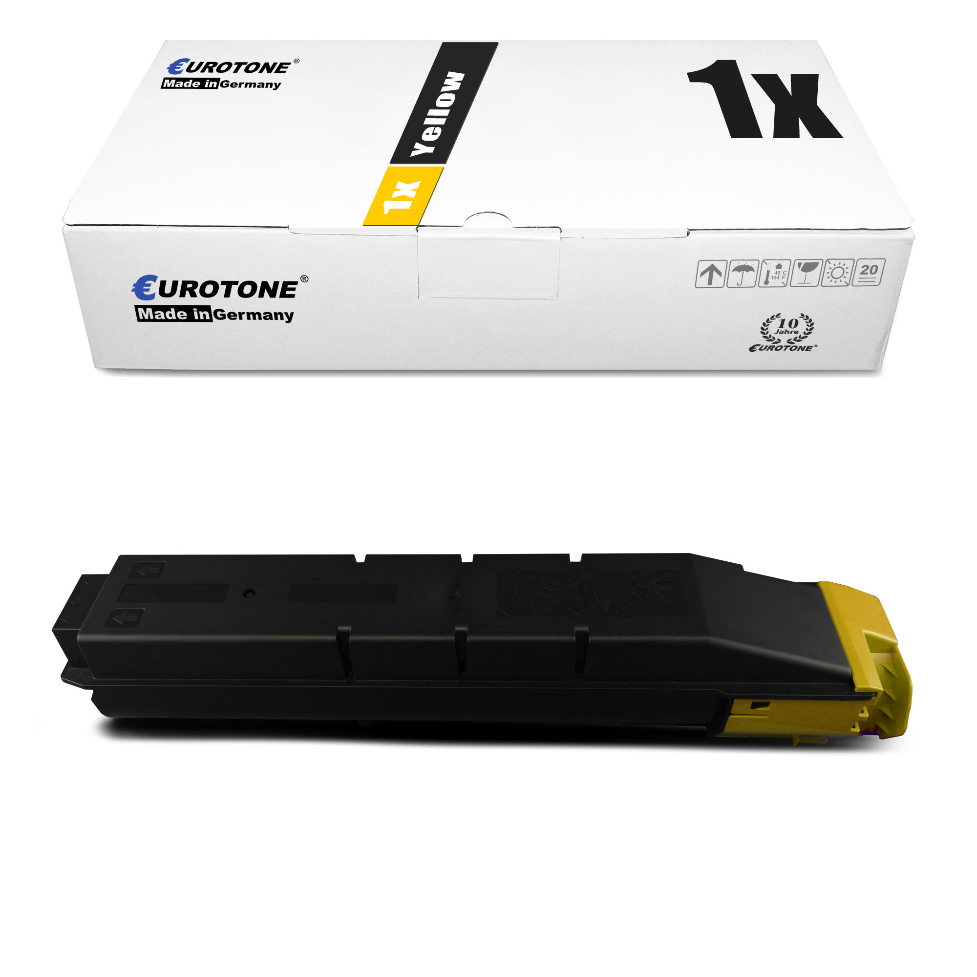 Eine weiße Box mit "1x Yellow" und eine gelbe Tonerkartusche.