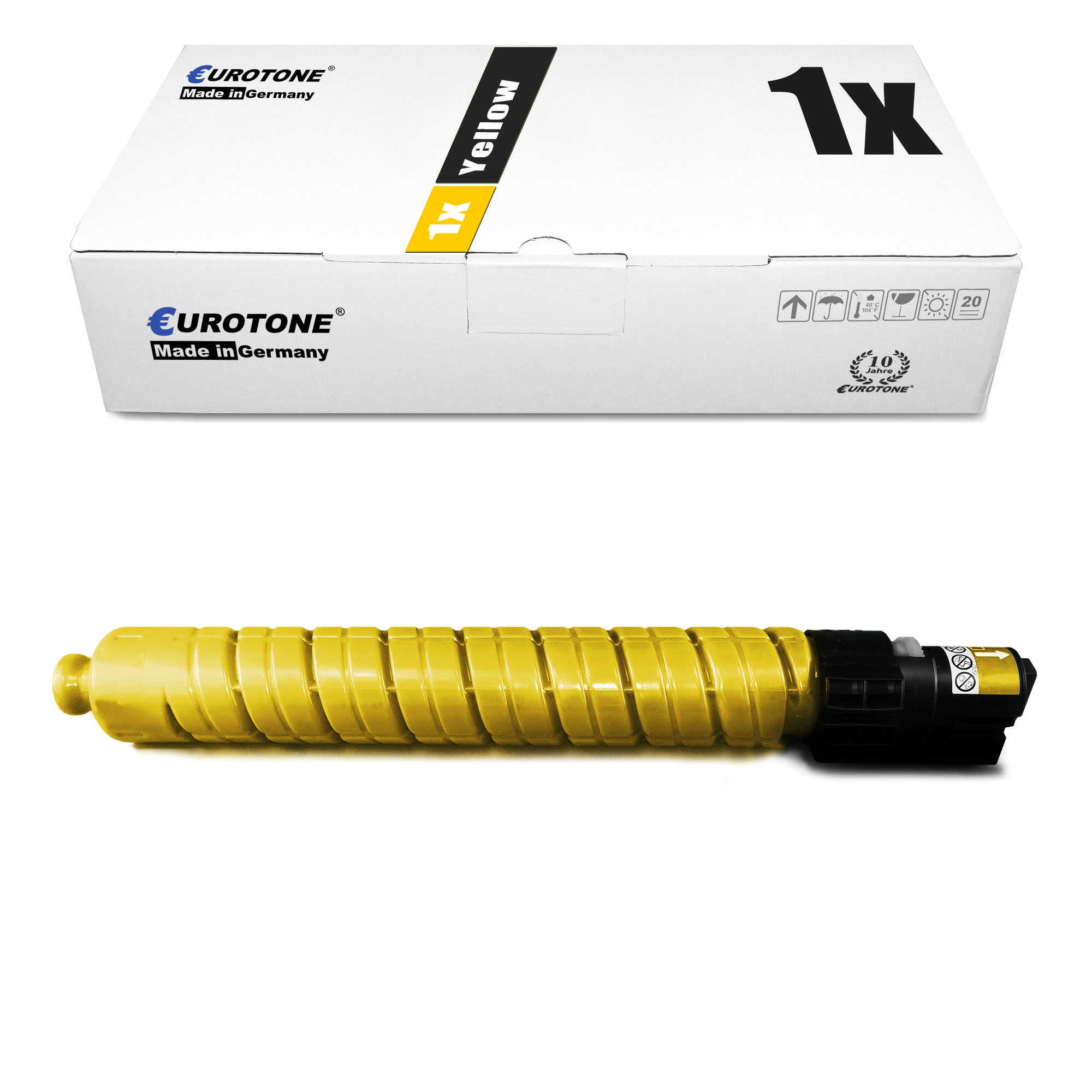 Gelbe Tonerkartusche und Box. Auf der Box steht '1x Yellow' und 'Made in Germany'. Die Kartusche ist zylindrisch.