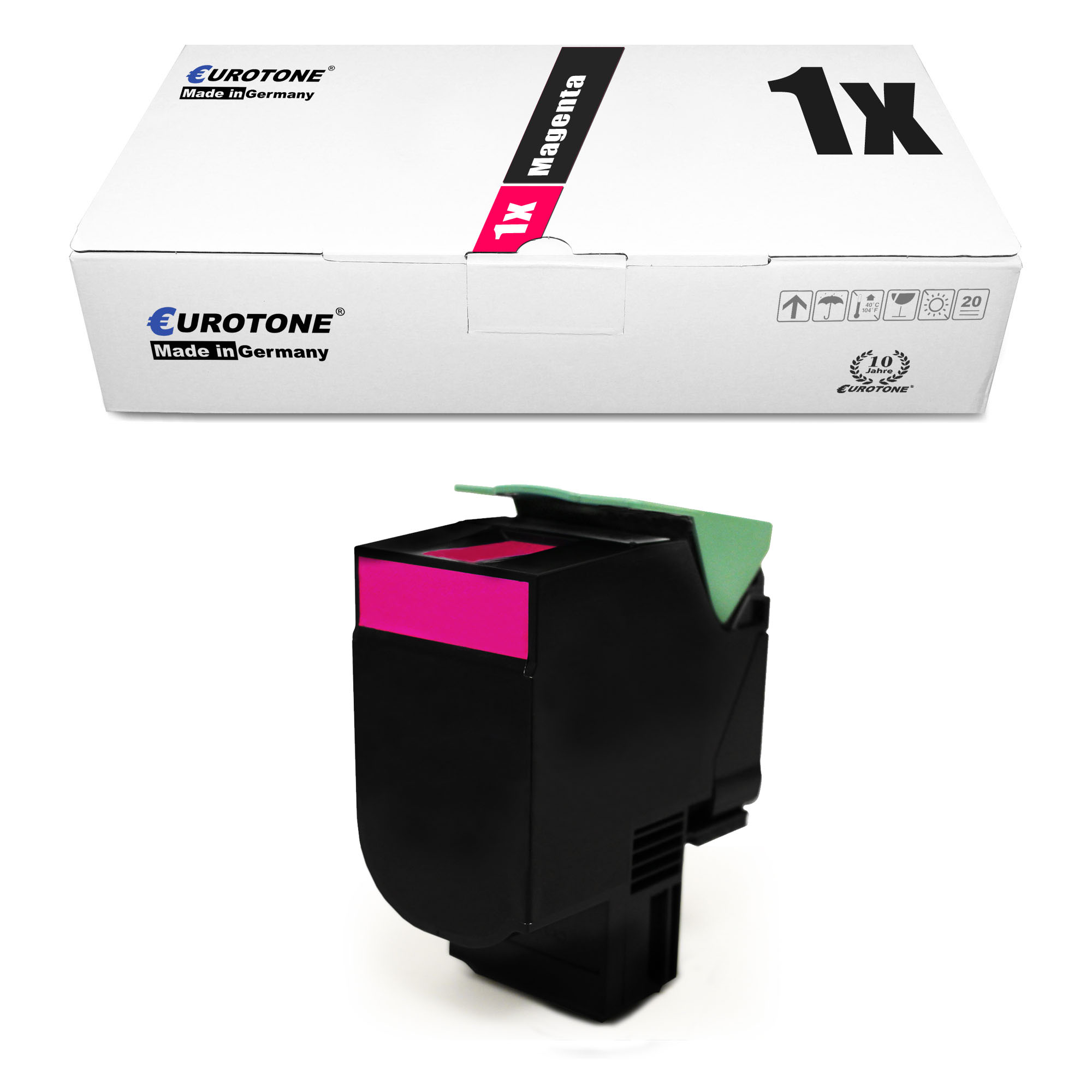 Eine weiße Box mit "1x Magenta" und eine magenta Tonerkartusche.