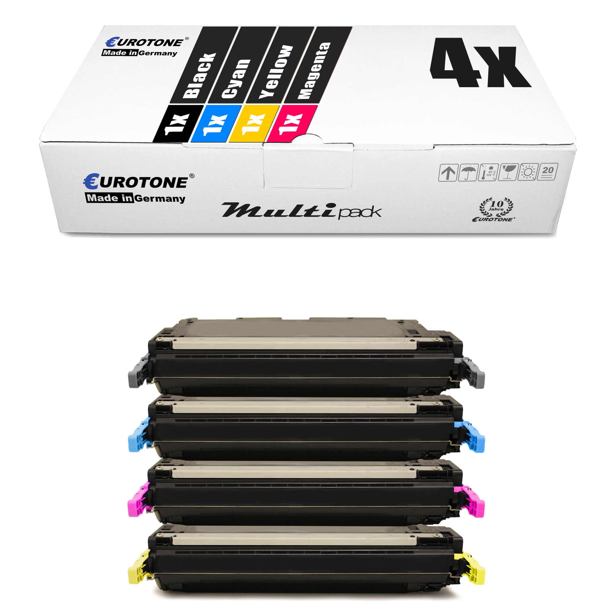 Weiße Box mit Tonerkartuschen. Box sagt 'Multi Pack' und 'Eurotone'. Kartuschen: schwarz, cyan, gelb, magenta.