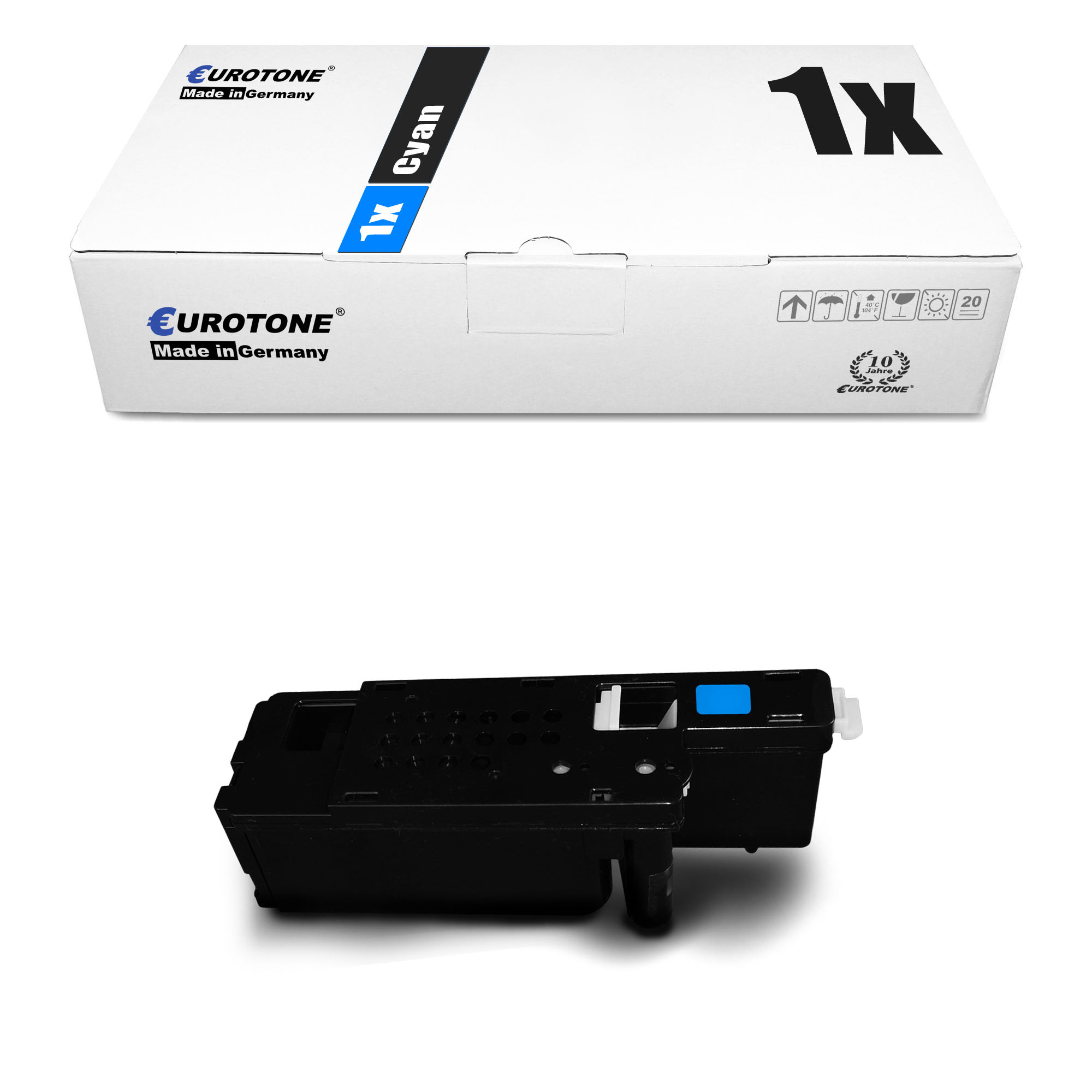 Schwarze Toner-Kartuschenbox. Schwarze Kartusche. Weiße Box mit schwarzem Text. Weißer Hintergrund.