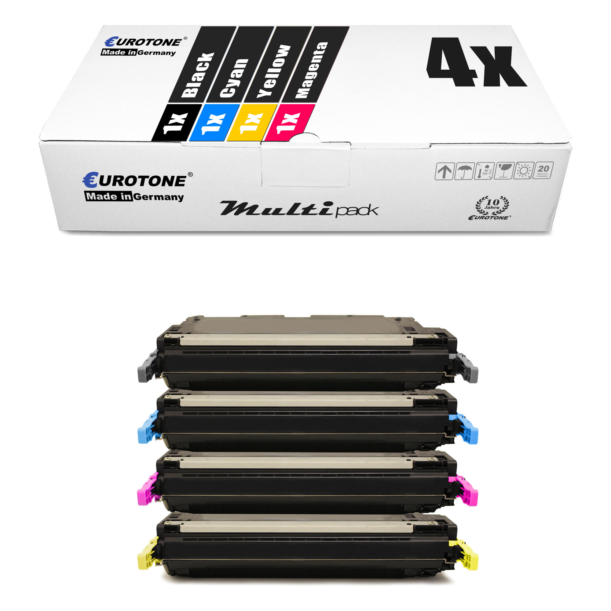 Box mit vier Tonerkartuschen in Schwarz, Cyan, Gelb und Magenta. Weißer Hintergrund.