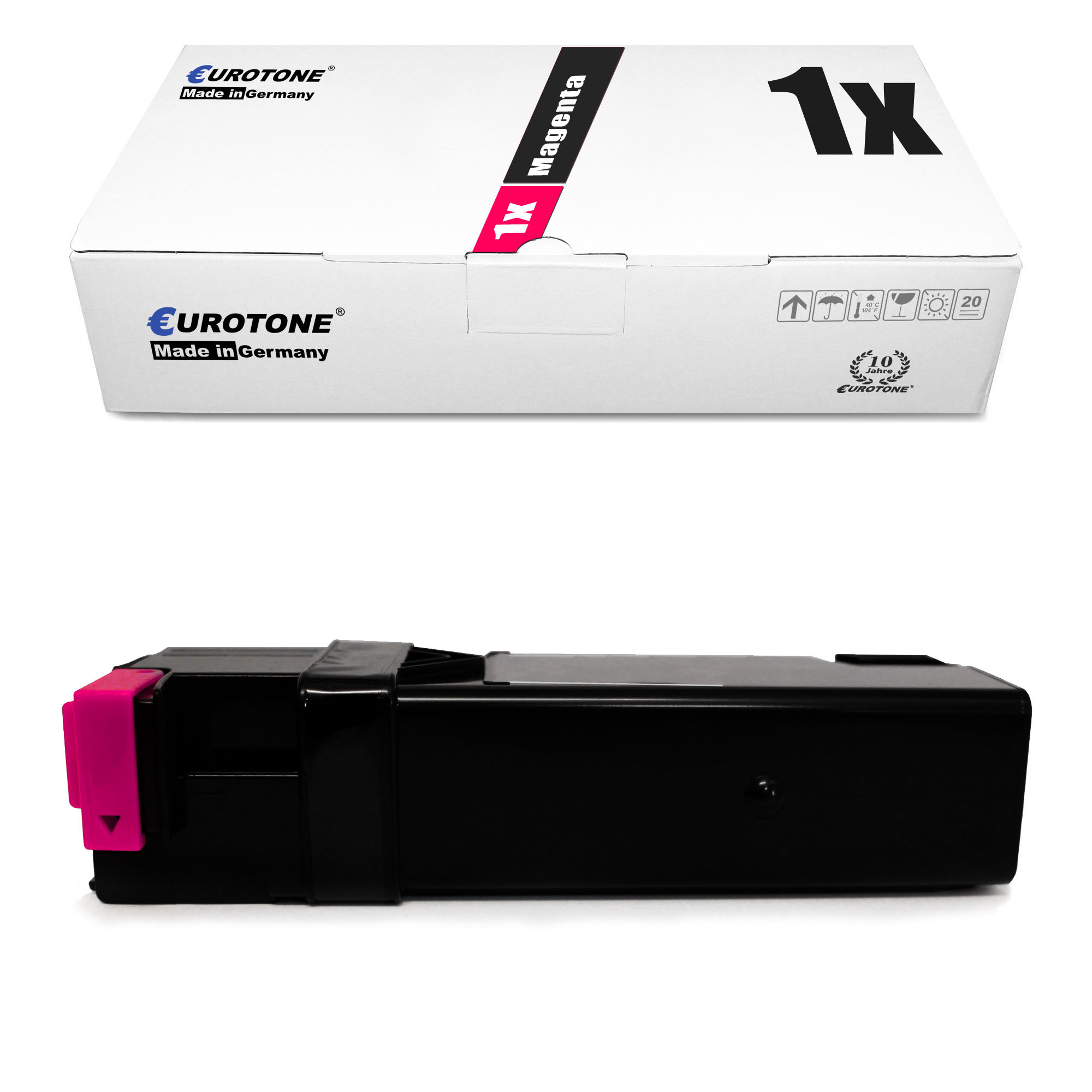 Magenta Tonerkartusche und Box. Auf der Box steht '1x Magenta' und 'Made in Germany'. Die Kartusche ist schwarz.
