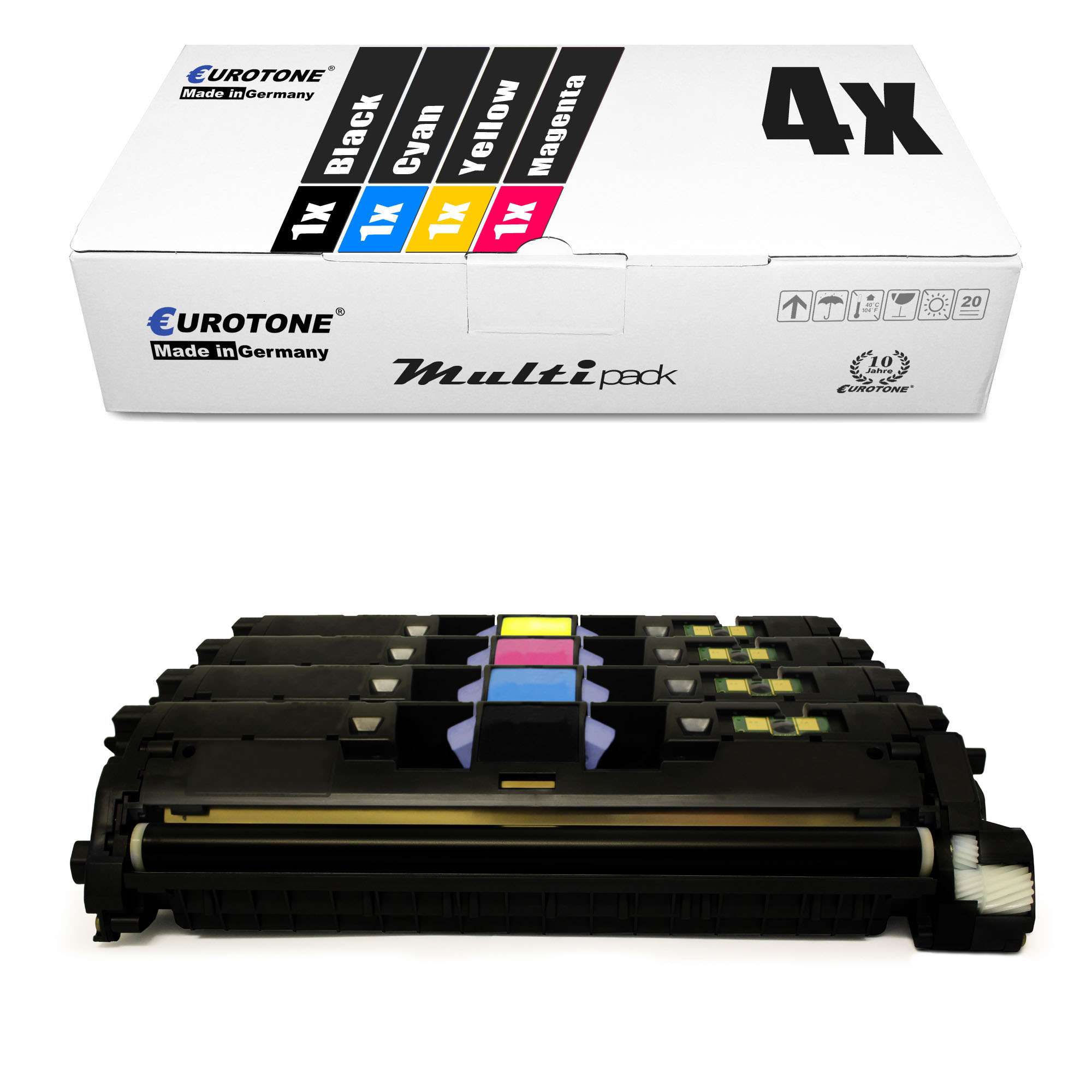 Eurotone Multipack-Tintenpatronenbox mit vier Patronen darunter, darunter Schwarz, Cyan, Gelb, Magenta.