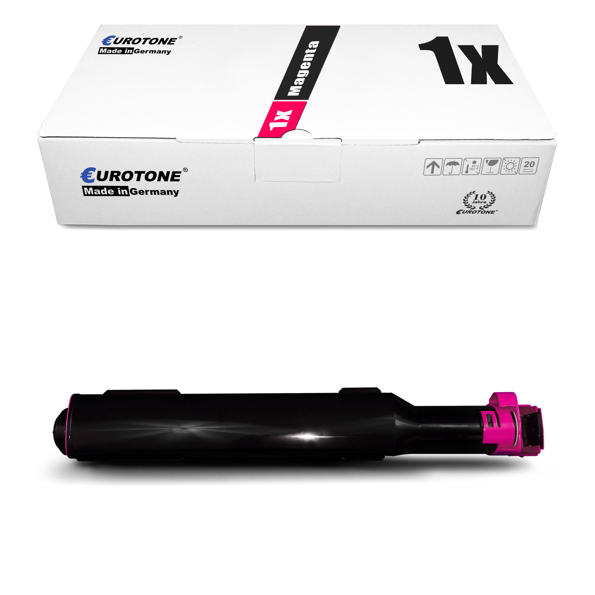Magenta Tonerkartusche und weiße Box. Box mit schwarzem Text und Magenta-Etikett.