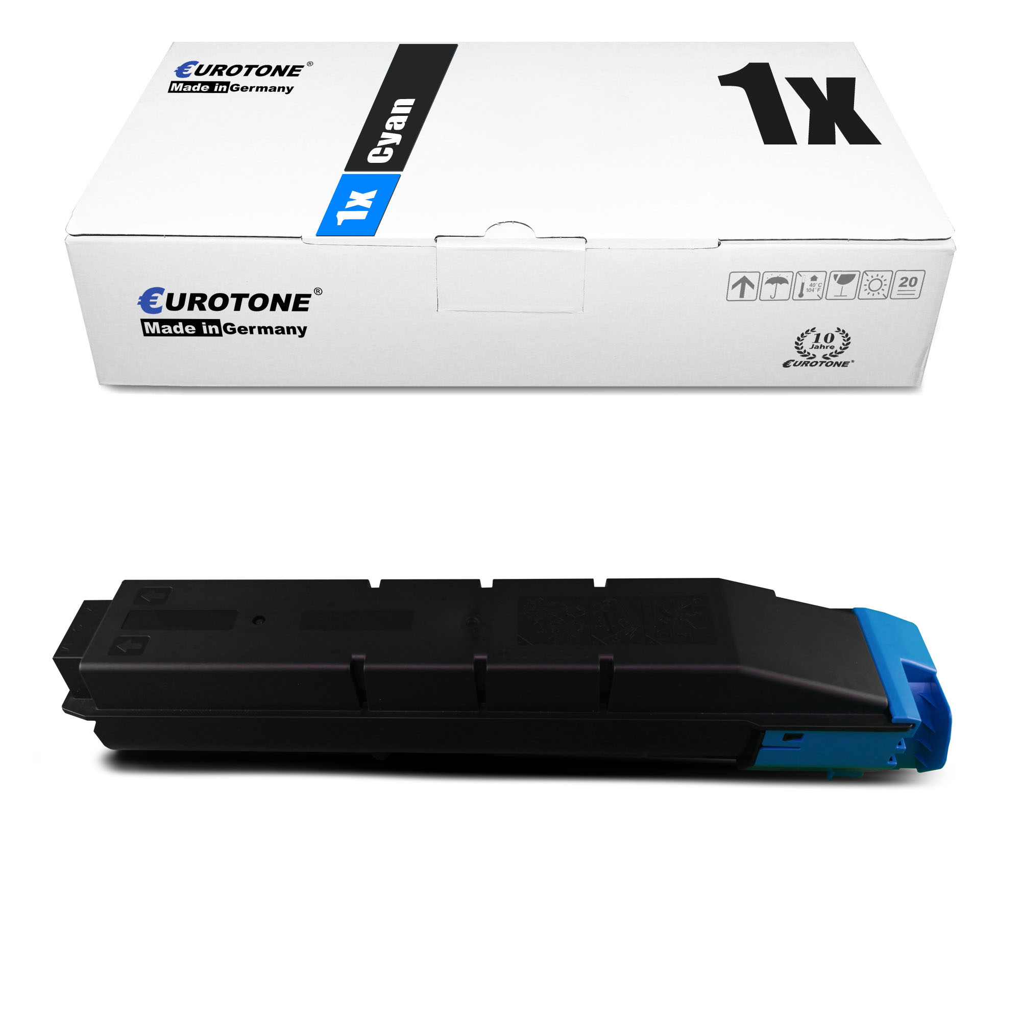 Eine weiße Box mit "1x Cyan" und eine cyan Tonerkartusche.