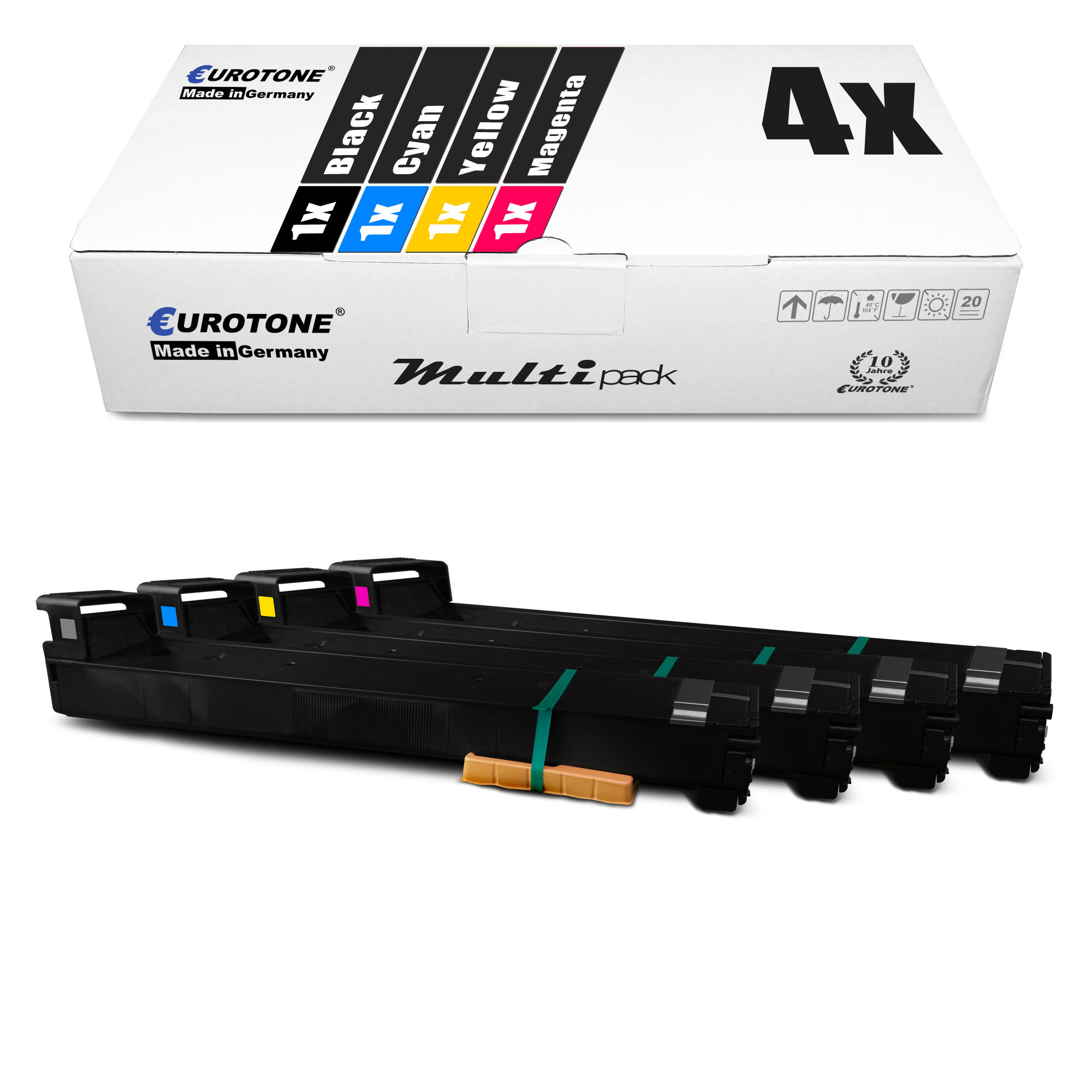 Multipack-Tonerkartuschen in einer Box. Die Kartuschen sind schwarz mit farbigen Etiketten.
