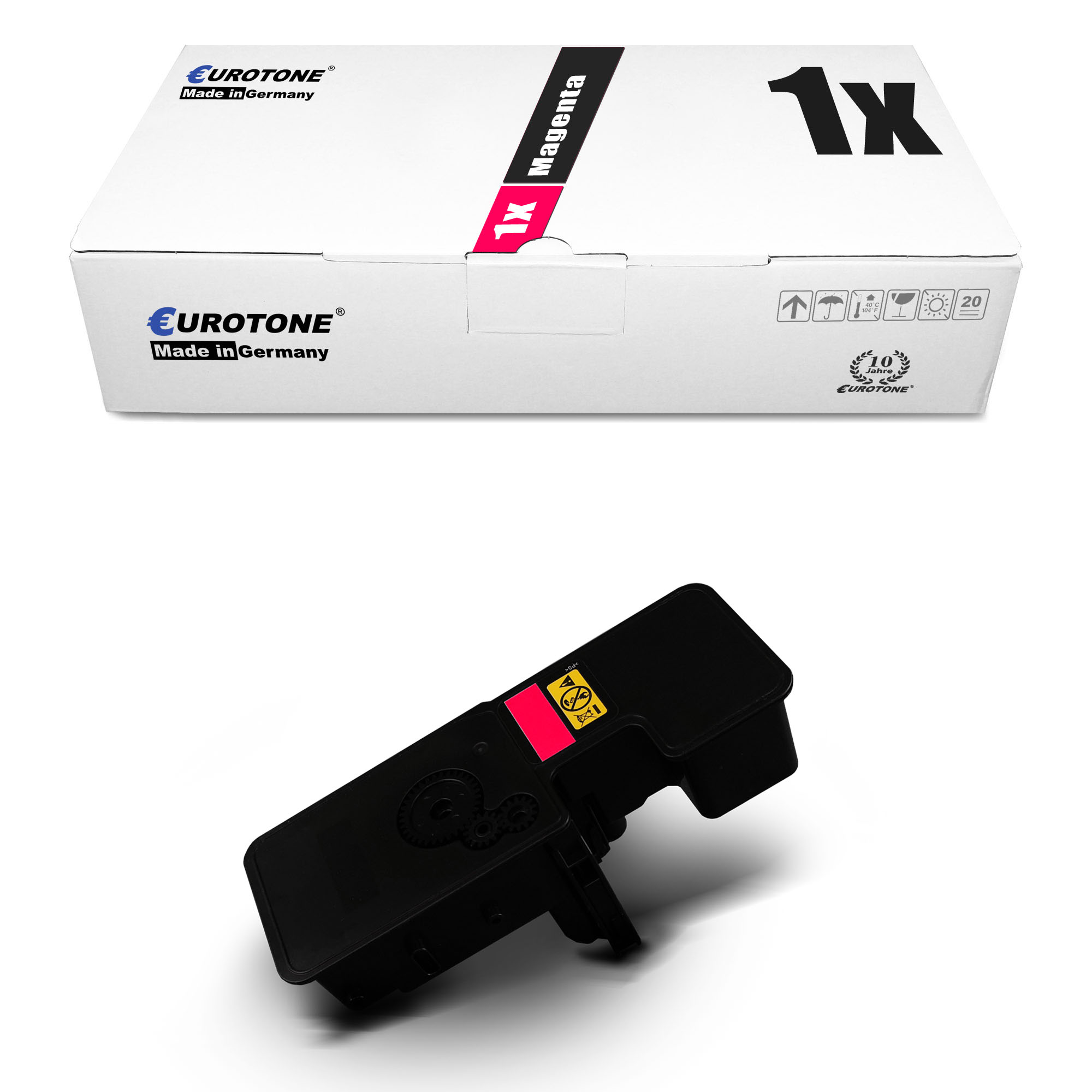 Magentafarbene Tonerkartusche und -box, weißer Hintergrund. Auf der Box steht '1x Magenta'. Die Patrone ist schwarz mit rosa Details.