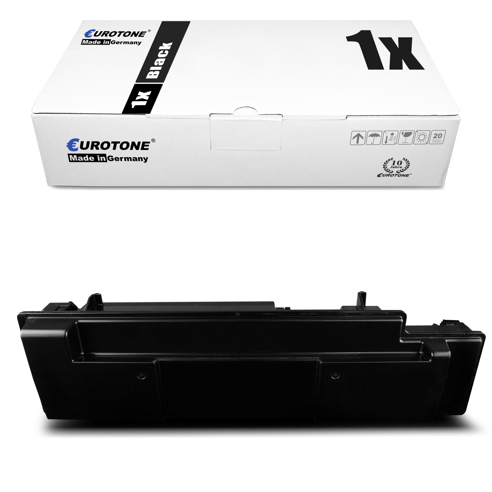 Schwarze Tonerkartusche mit weißer Box. Box sagt '1x Black'.