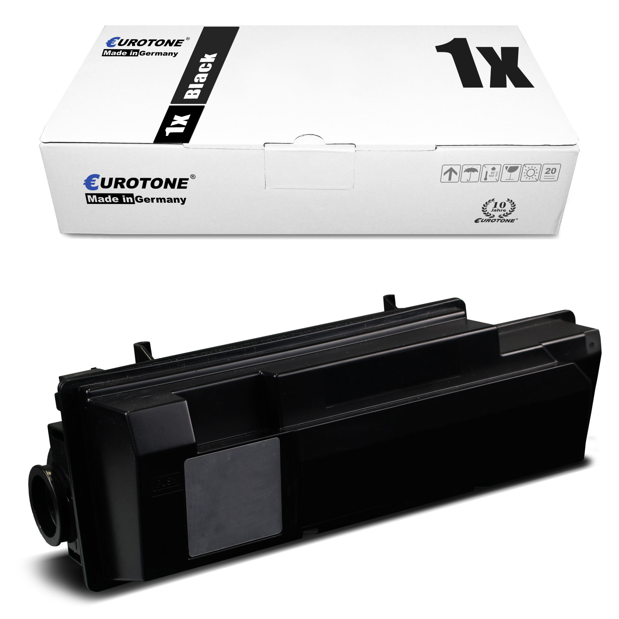 Eine weiße Box mit "1x Black" und eine schwarze Tonerkartusche.