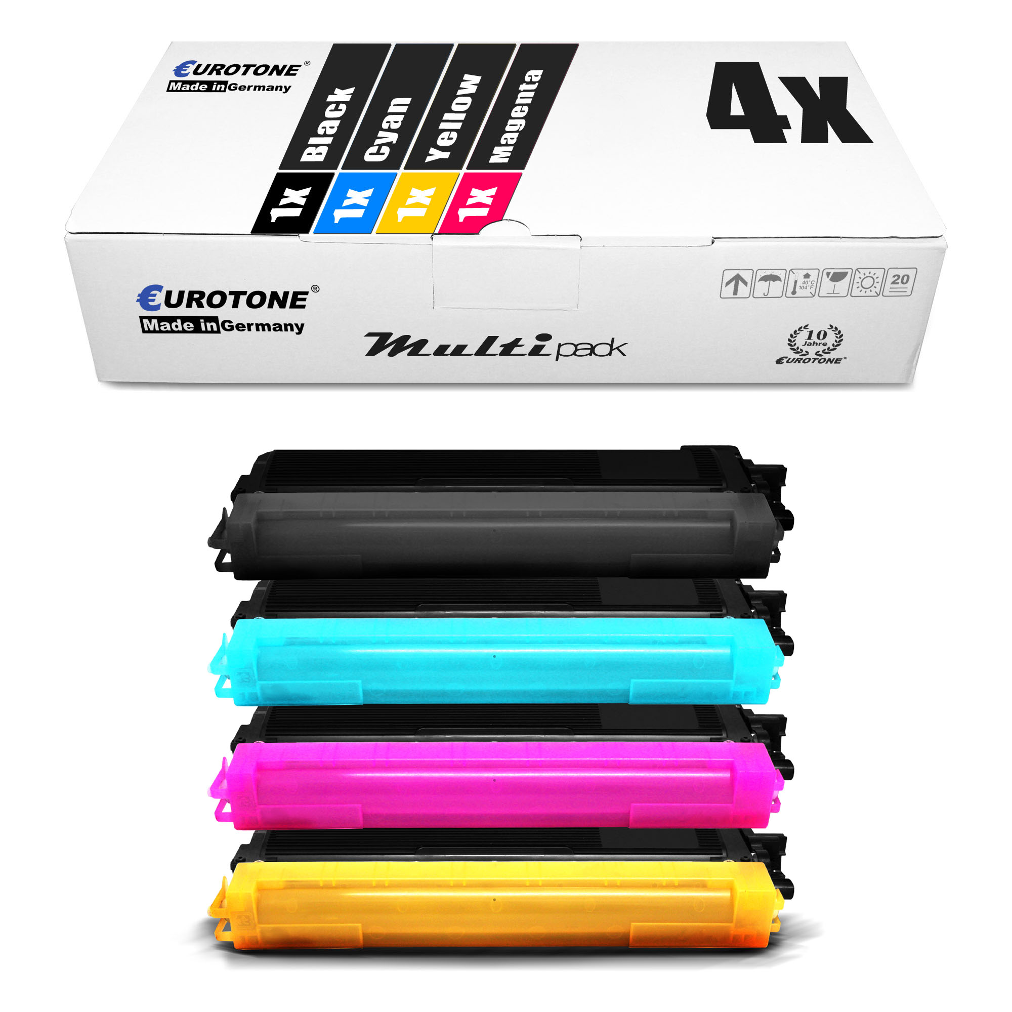 Box mit mehrfarbigen Tintenpatronen. Schwarze, cyanfarbene, gelbe und magenta-Patronen.