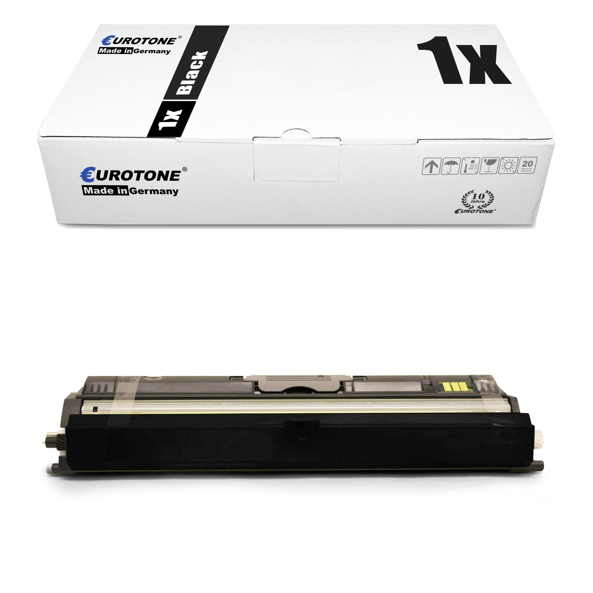 Schwarze Tonerkartusche und Box. Auf der Box steht '1x Black'. Die Kartusche ist schwarz mit grauen Details auf weißem Hintergrund.