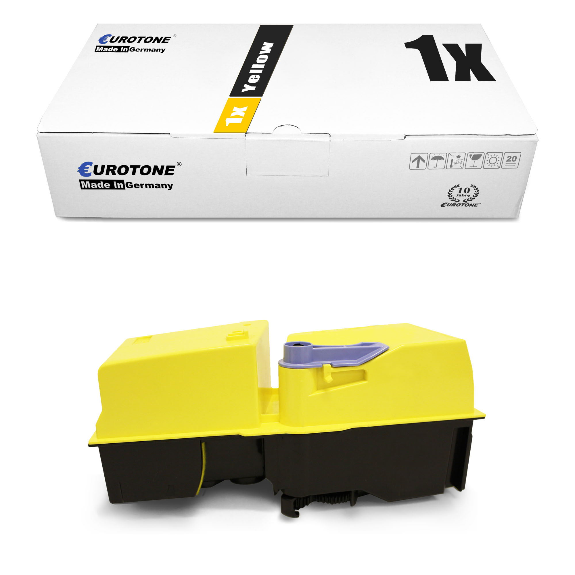 Eine weiße Box mit "1x Yellow" und eine gelbe Tonerkartusche.