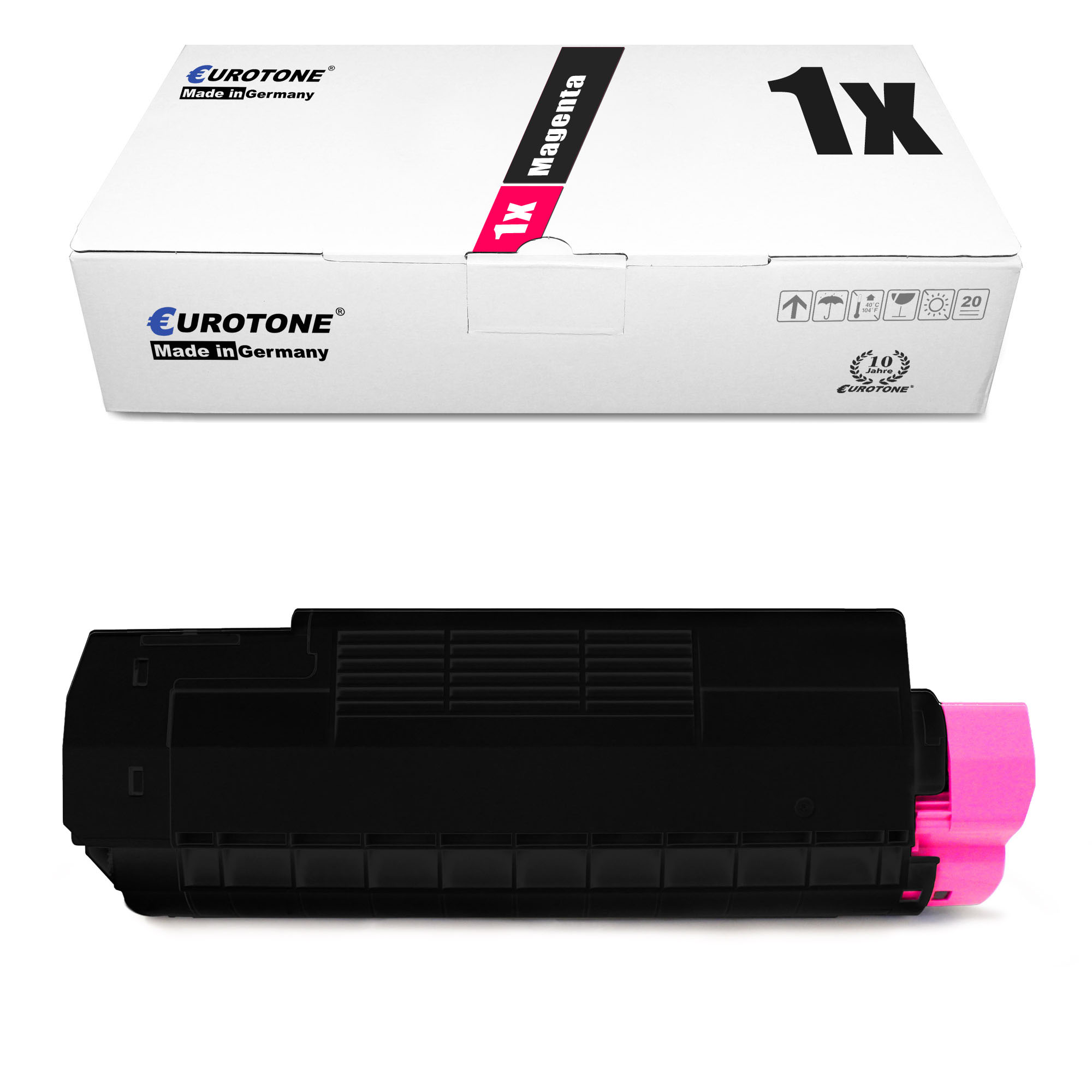 Magenta Tonerkartusche und Box. Auf der Box steht '1x Magenta'. Weißer Hintergrund.