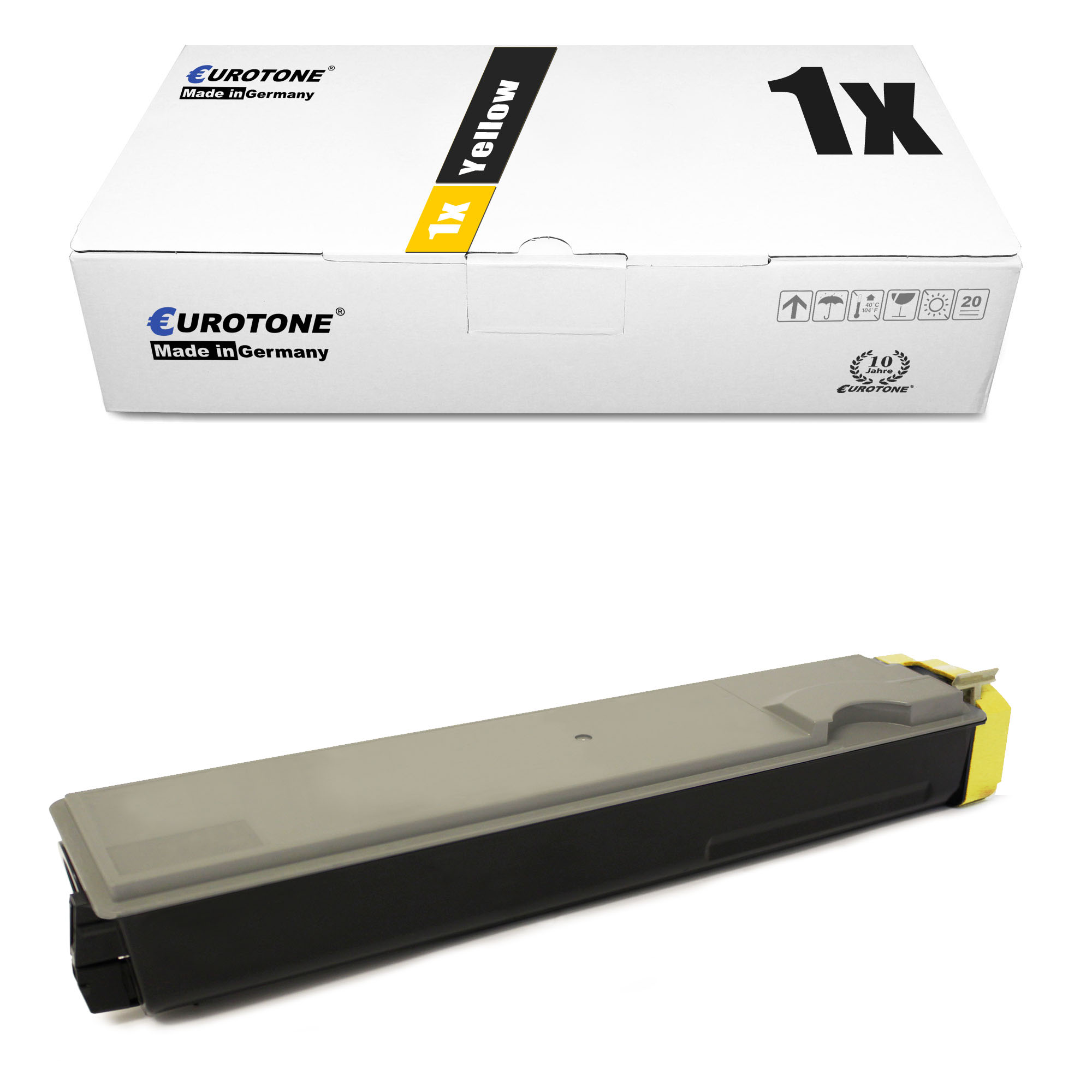 Gelbe Tonerkartusche und Box. Auf der Box steht '1x Yellow'. Die Kartusche ist schwarz mit gelben und grauen Details auf Weiß.