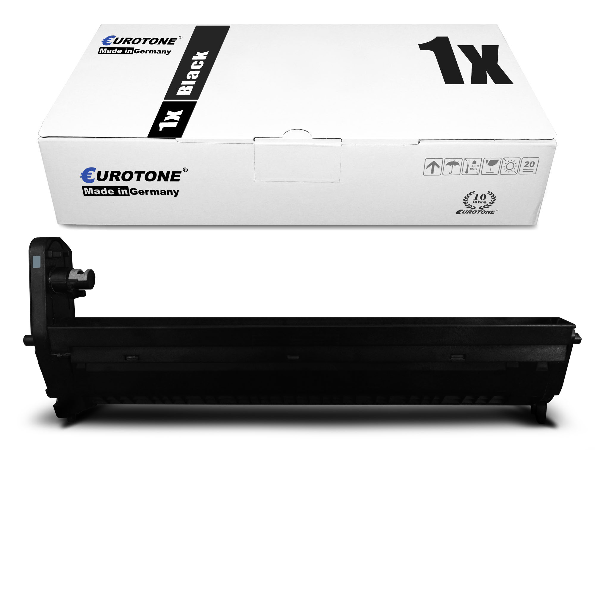 Schwarze Tonerkartusche und Box. Auf der Box steht '1x Black'. Die Kartusche ist schwarz auf weißem Hintergrund.