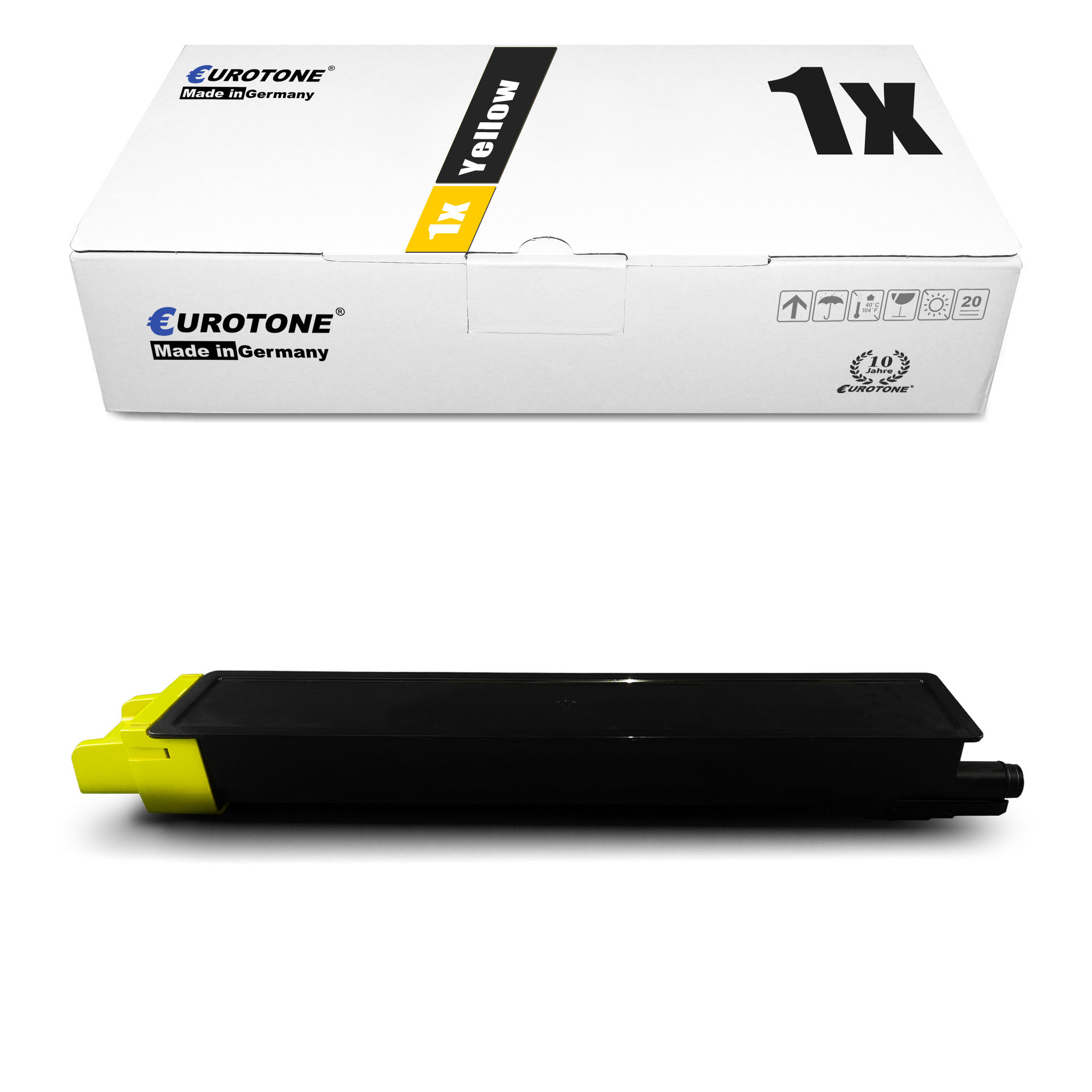 Eurotone Tintenpatronenbox mit einer gelben Patrone darunter. Auf der Box steht 1x Gelb.