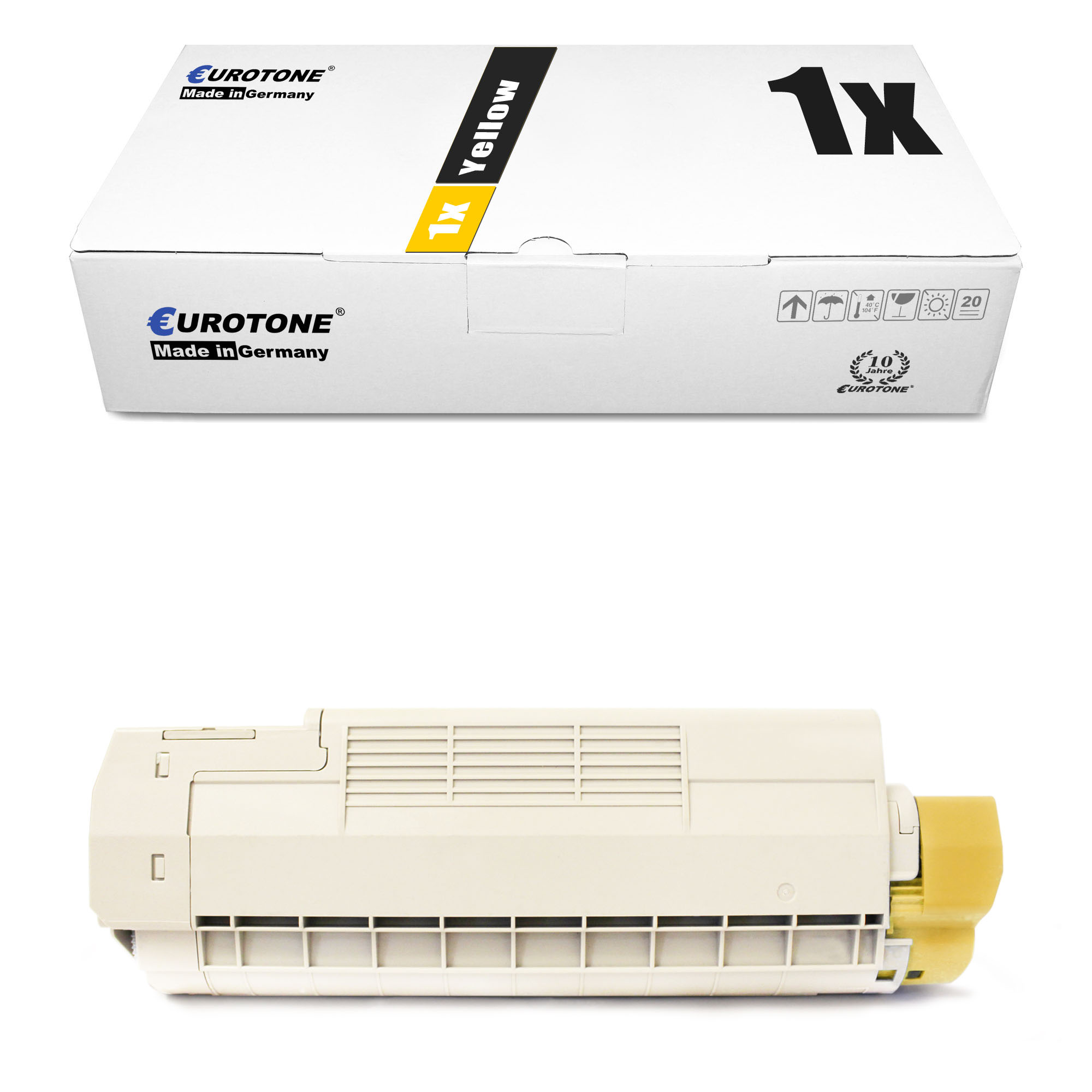 Eine weiße Box mit 'Yellow' Tintenpatrone und die Patrone selbst, beide Marke 'EUROTONE'.