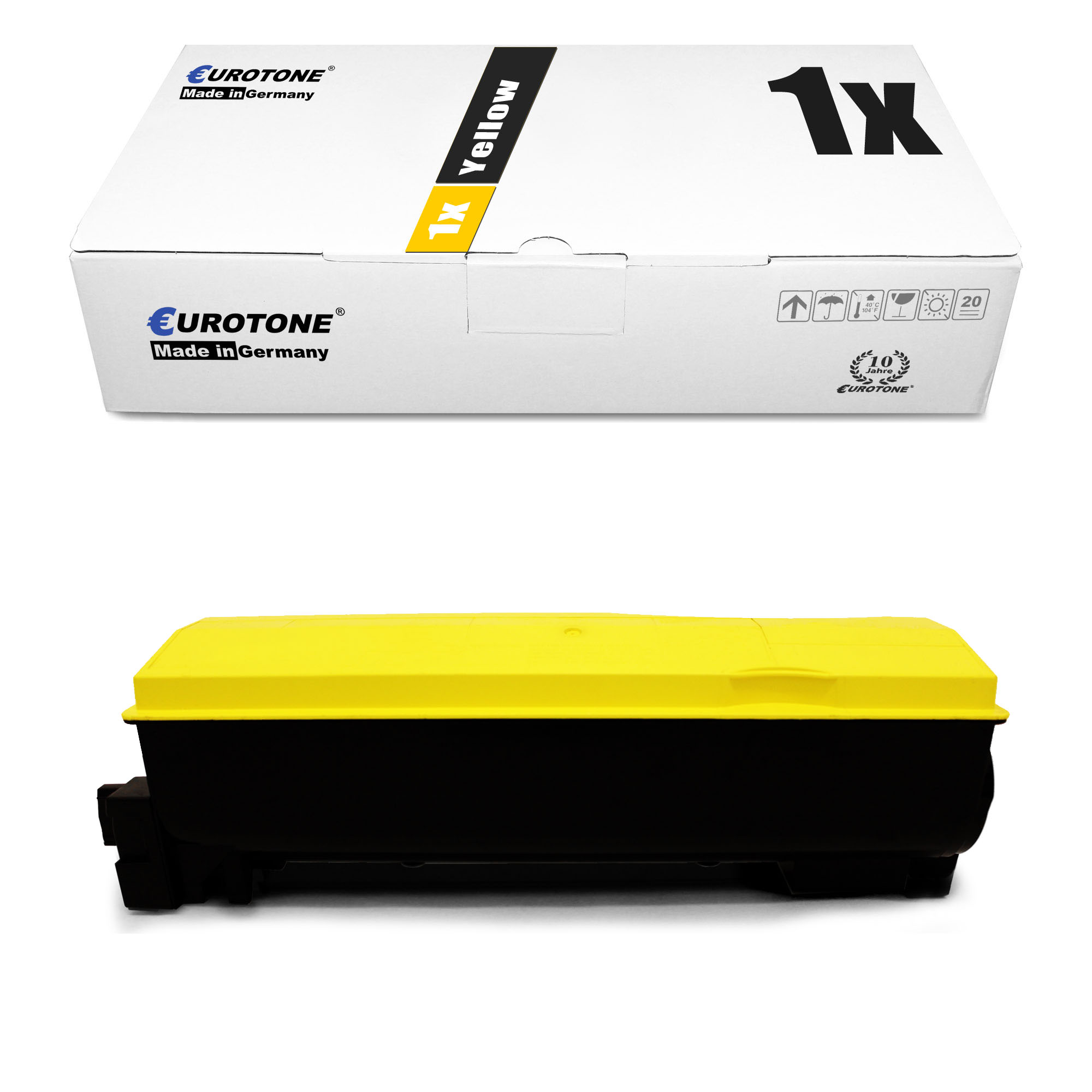 Weiße Schachtel mit gelber Tintenpatrone und einem Karton. Text: "1X Gelb" und Logo.