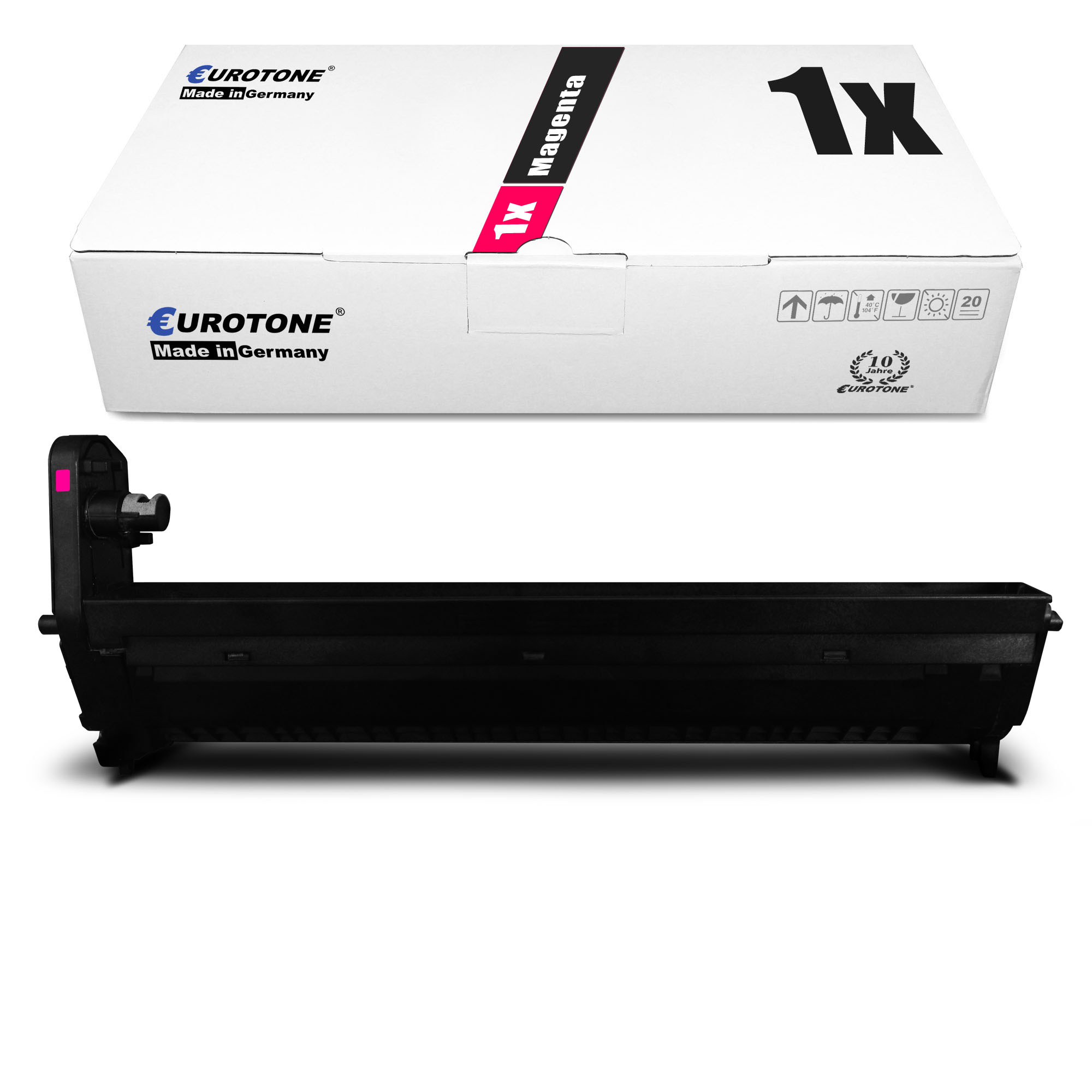 Box mit magenta Tintenpatrone. Die Patrone ist schwarz. Weißer Hintergrund.