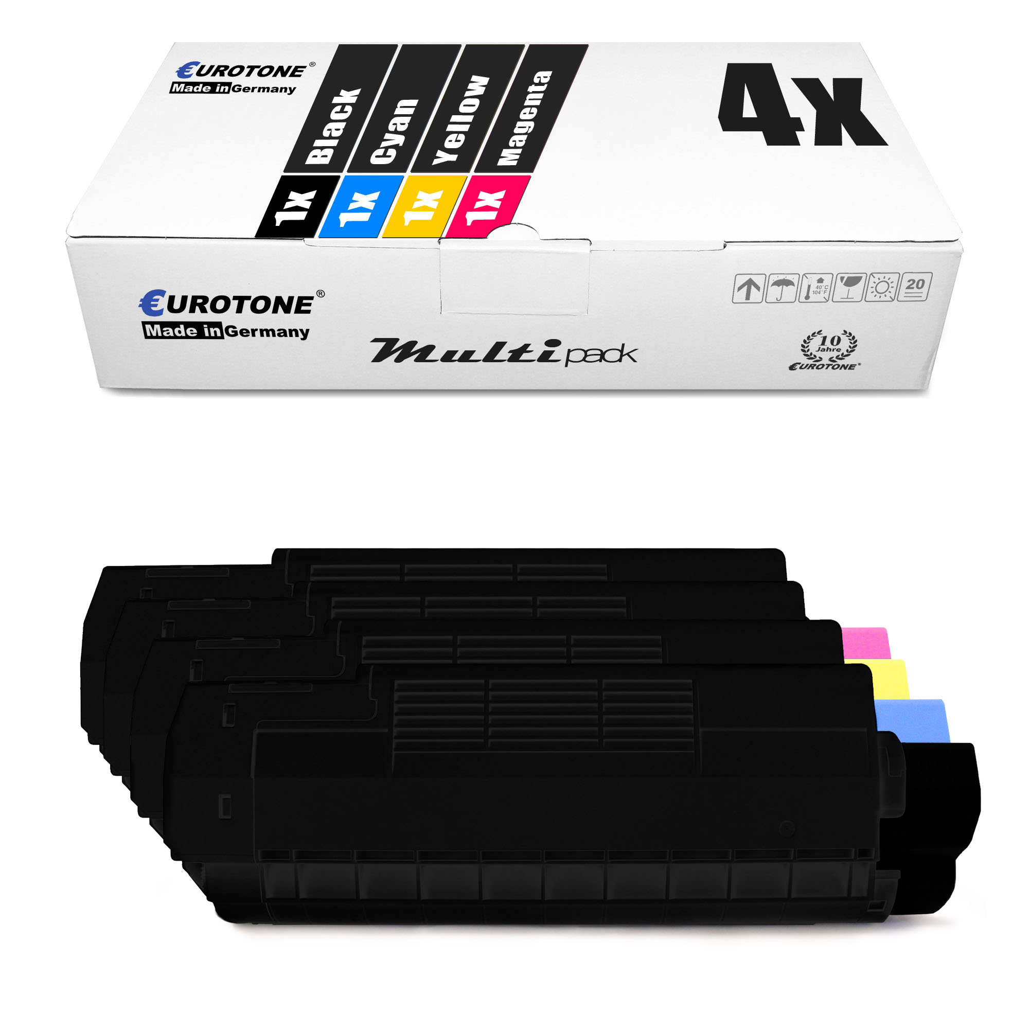 Eurotone Multipack-Tintenpatronenbox mit vier Patronen darunter. Farben sind Schwarz, Cyan, Gelb, Magenta.