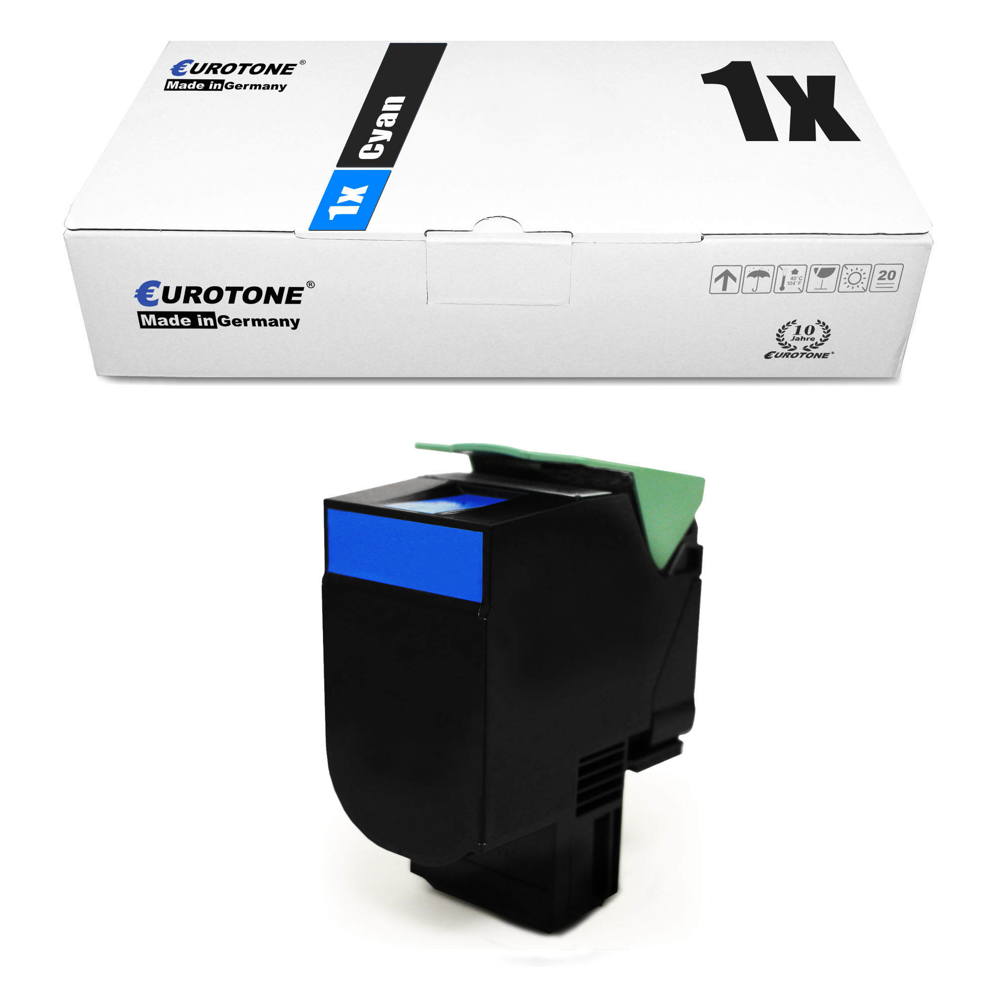 Blaue Tonerkartusche, weiße Box oben, auf weißem Hintergrund.