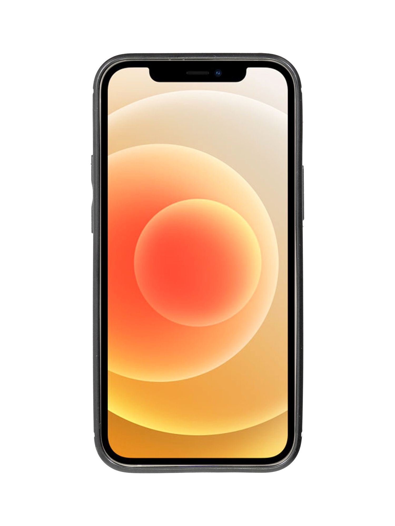 Ein Smartphone mit orangefarbenem und gelbem abstraktem Hintergrund auf dem Bildschirm, in einer schwarzen Hülle.