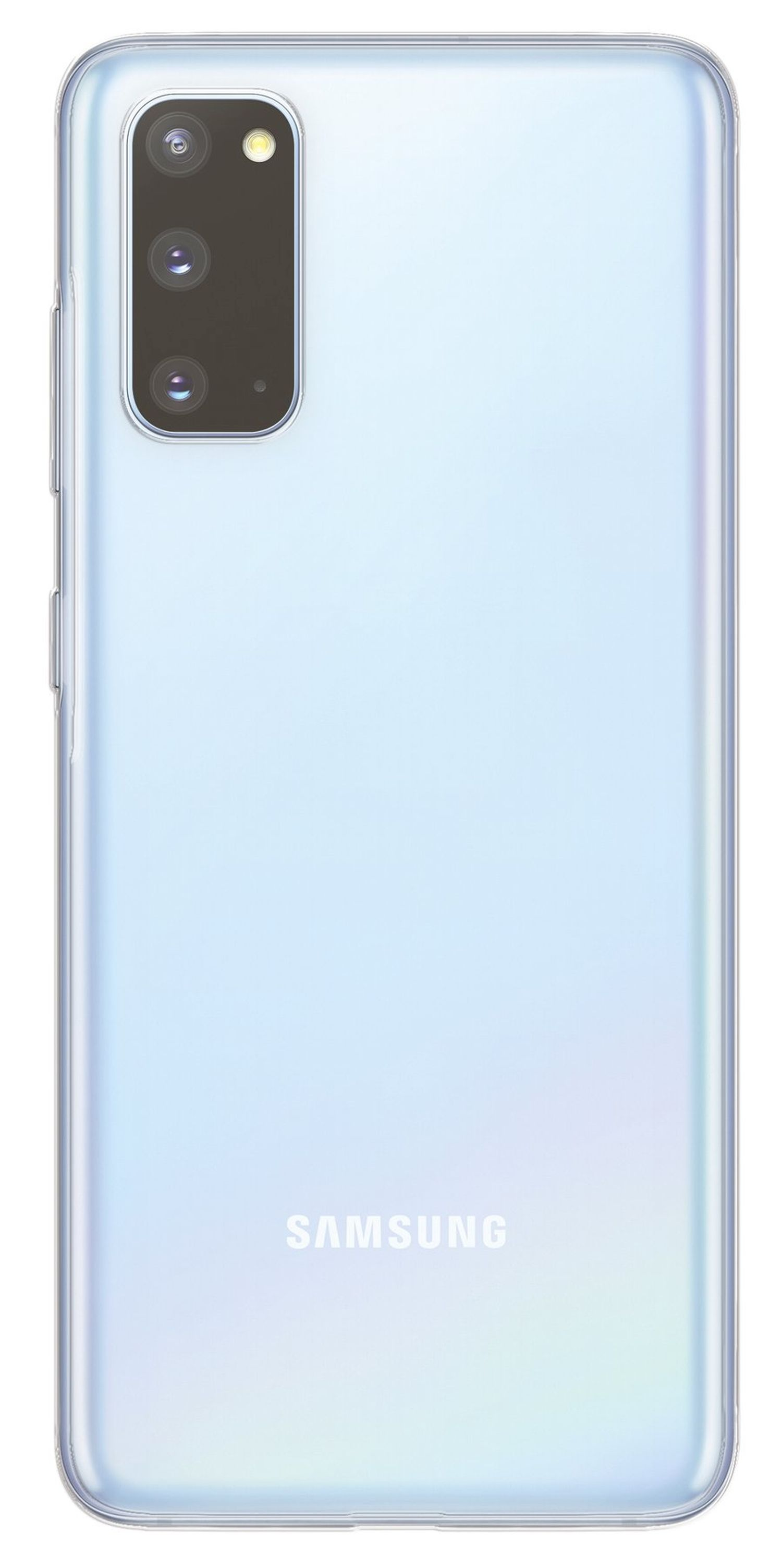 Rückansicht eines hellblauen Samsung-Telefons mit drei Kameras und dem Samsung-Logo.