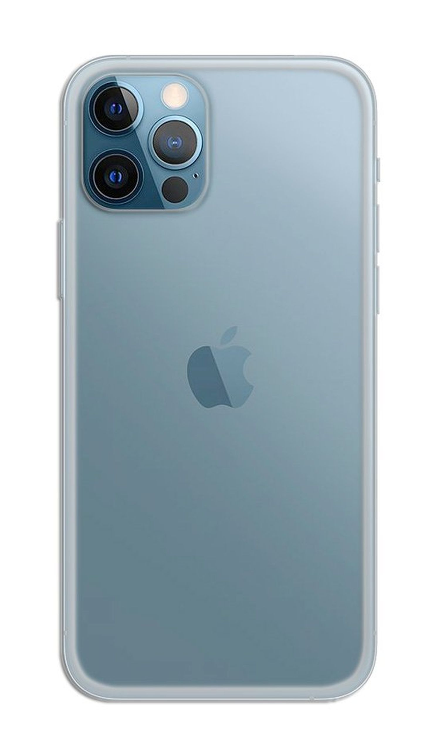 Rückseite eines blauen Telefons mit drei Kameras und einem Apple-Logo, auf weißem Hintergrund.