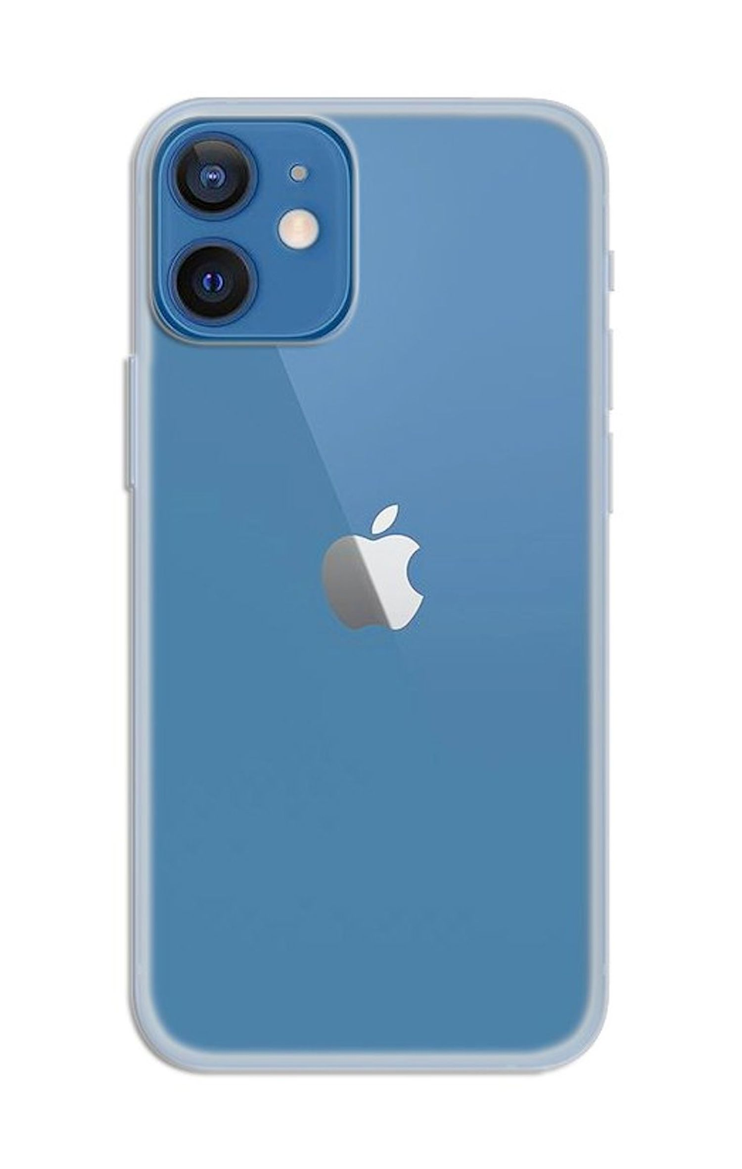 Blaue iPhone 12 Hülle, transparent, mit dem Apple-Logo. Auf weißem Hintergrund.