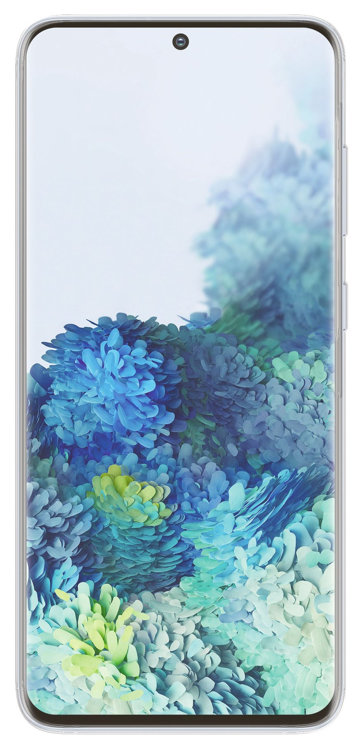 Smartphone-Bildschirm mit blau-grünem Blumendesign. Telefon auf weißem Hintergrund.