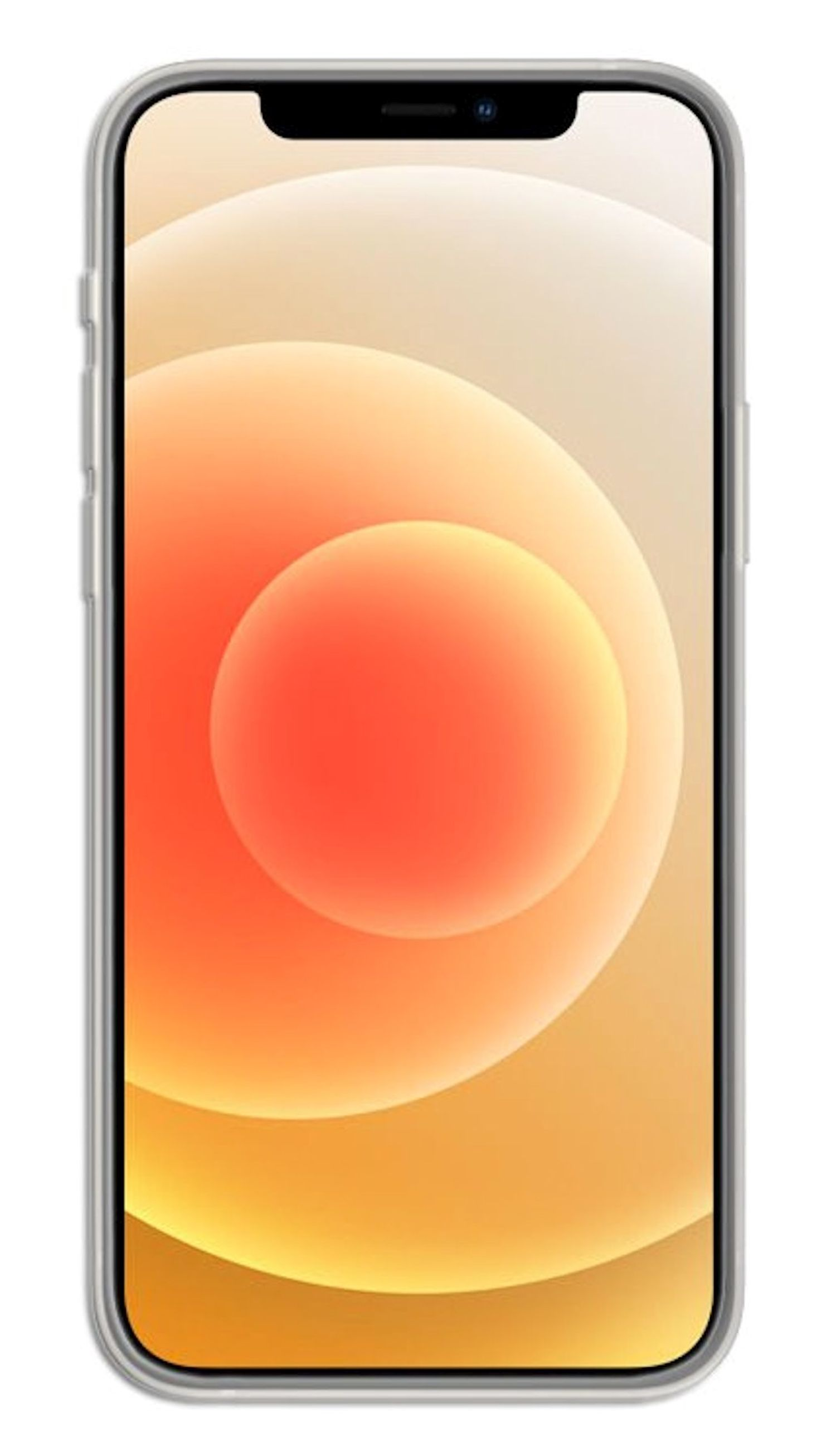 iPhone 12 auf weißem Hintergrund mit durchsichtiger Hülle, zeigt einen orange-gelben Farbverlauf.