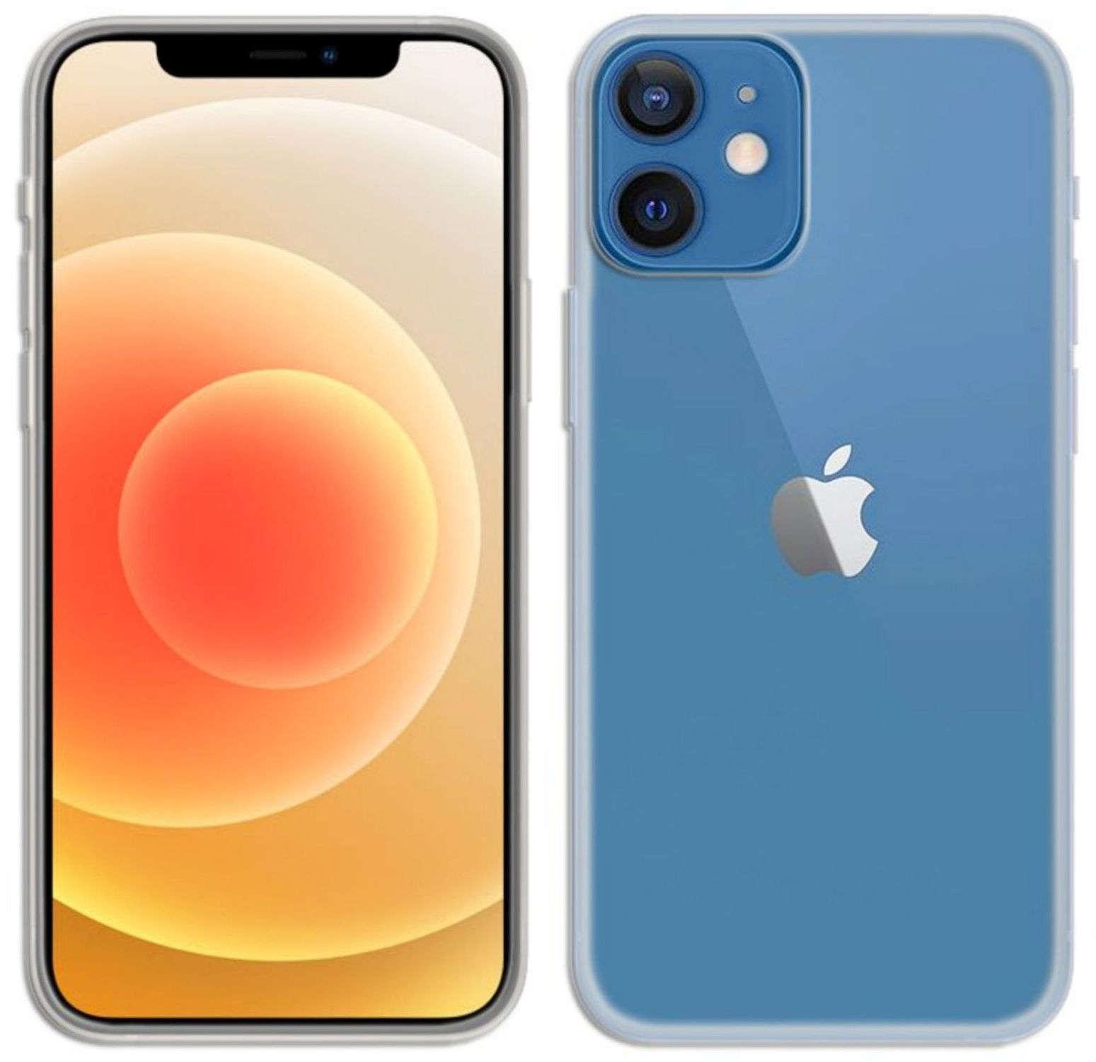 Zwei iPhones. Eines mit eingeschaltetem Bildschirm, eines mit Rückseite. Transparente Hülle.