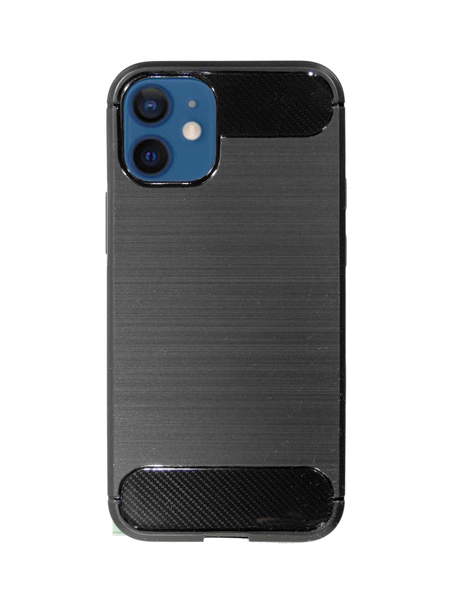 Eine schwarze Handyhülle mit grauer gebürsteter Metallstruktur und Carbonfaserakzenten.