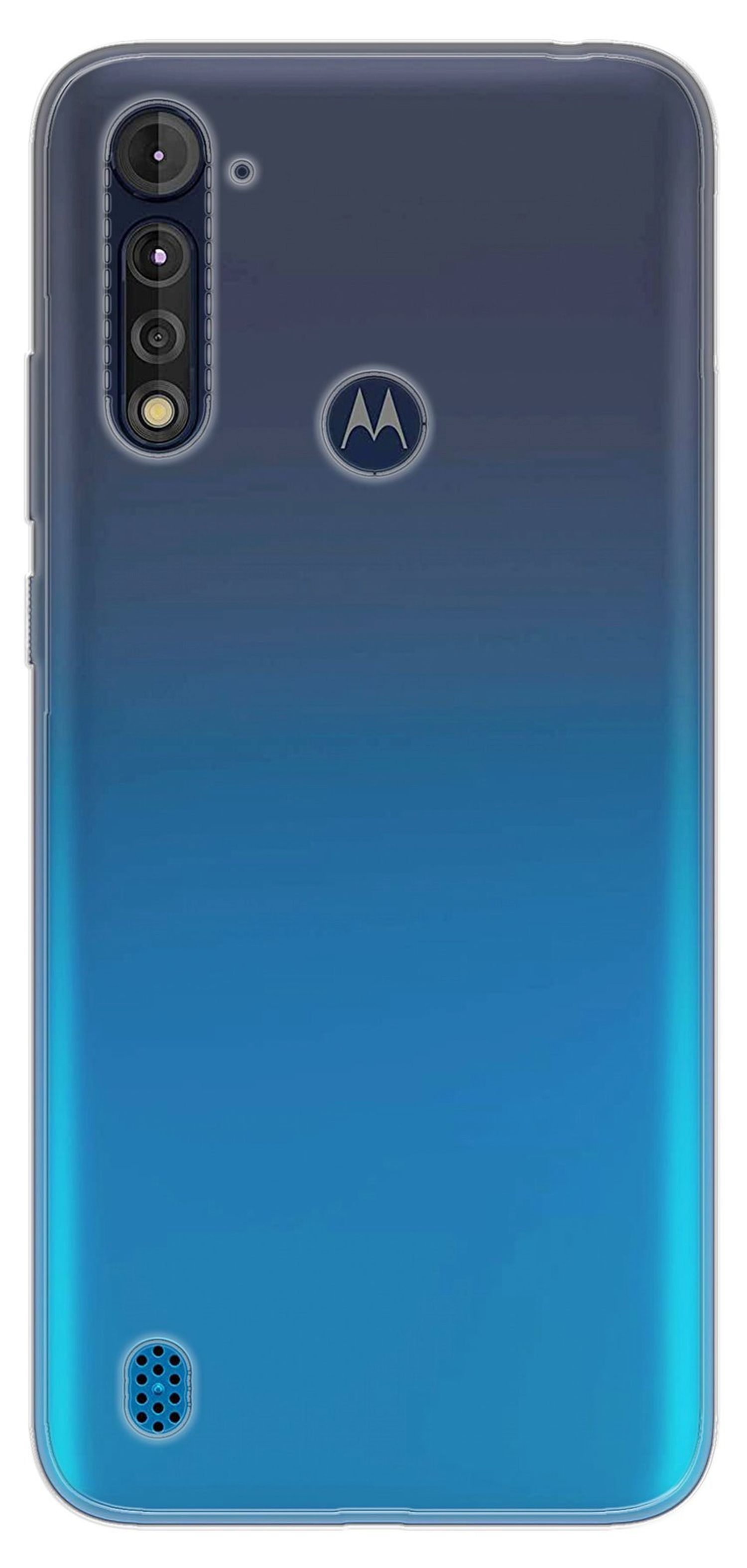 Blaues Gradienten-Handycase. Kameralinsen. Motorola-Logo.