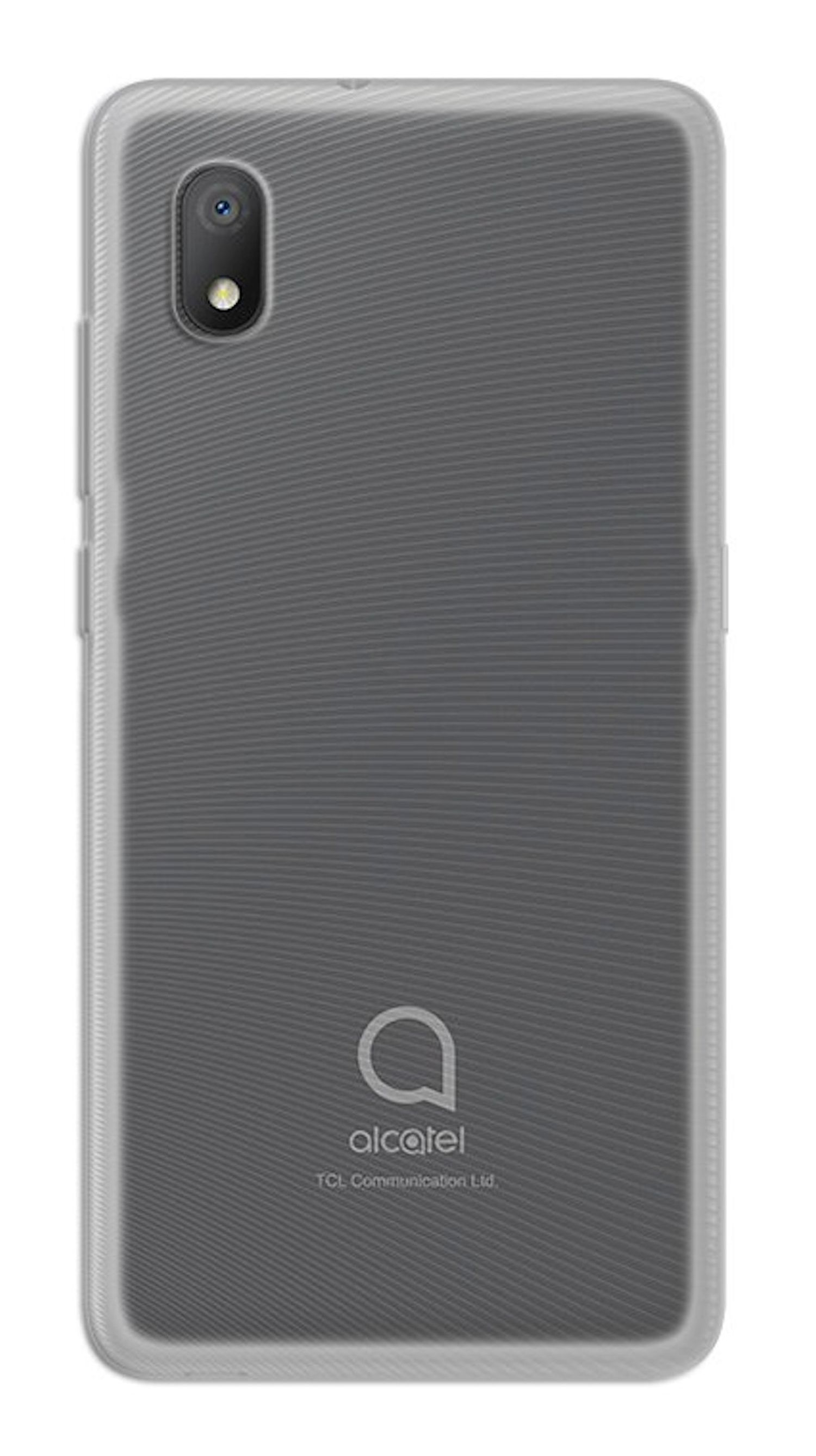 Graues Telefon mit klarer Hülle, Alcatel-Logo, auf weißem Hintergrund.