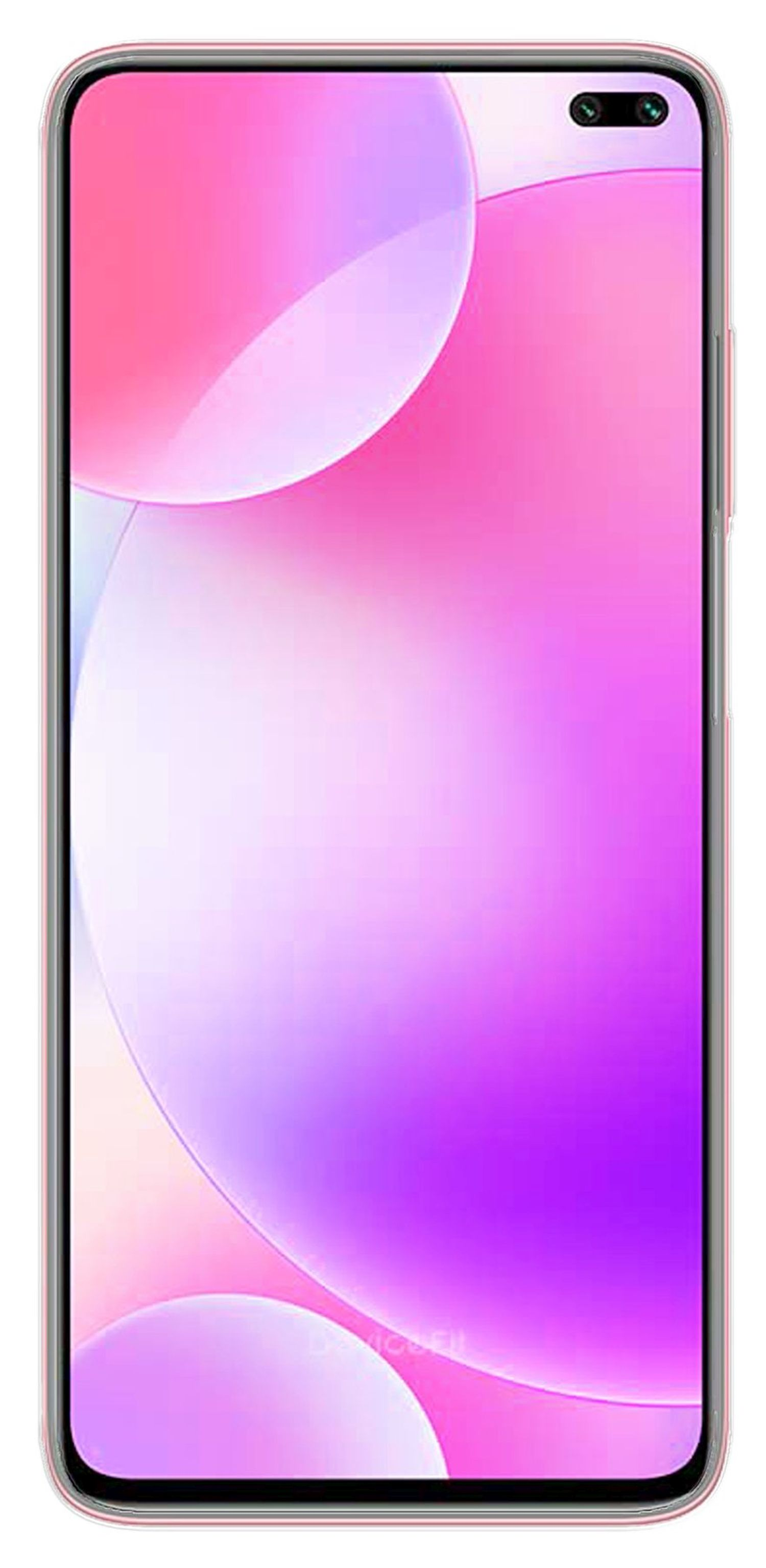 Ein pink- und lilafarbenes Handy. Das Telefon hat einen Bildschirm und eine Kamera. Weißer Hintergrund.
