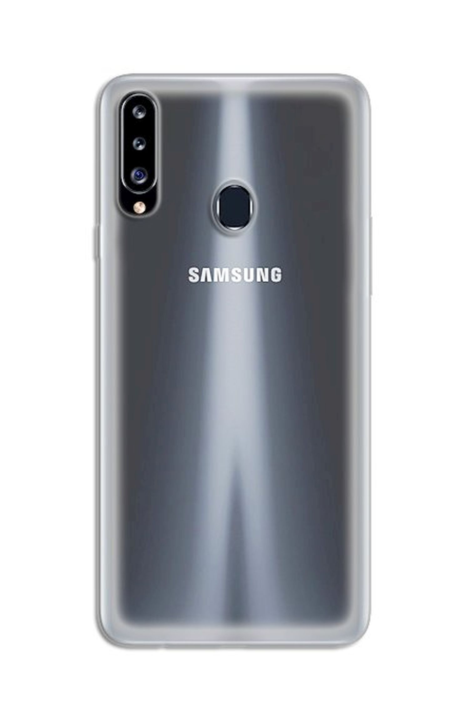 Ein Samsung-Telefon mit klarer Rückseite. Mehrere Kameralinsen befinden sich oben.