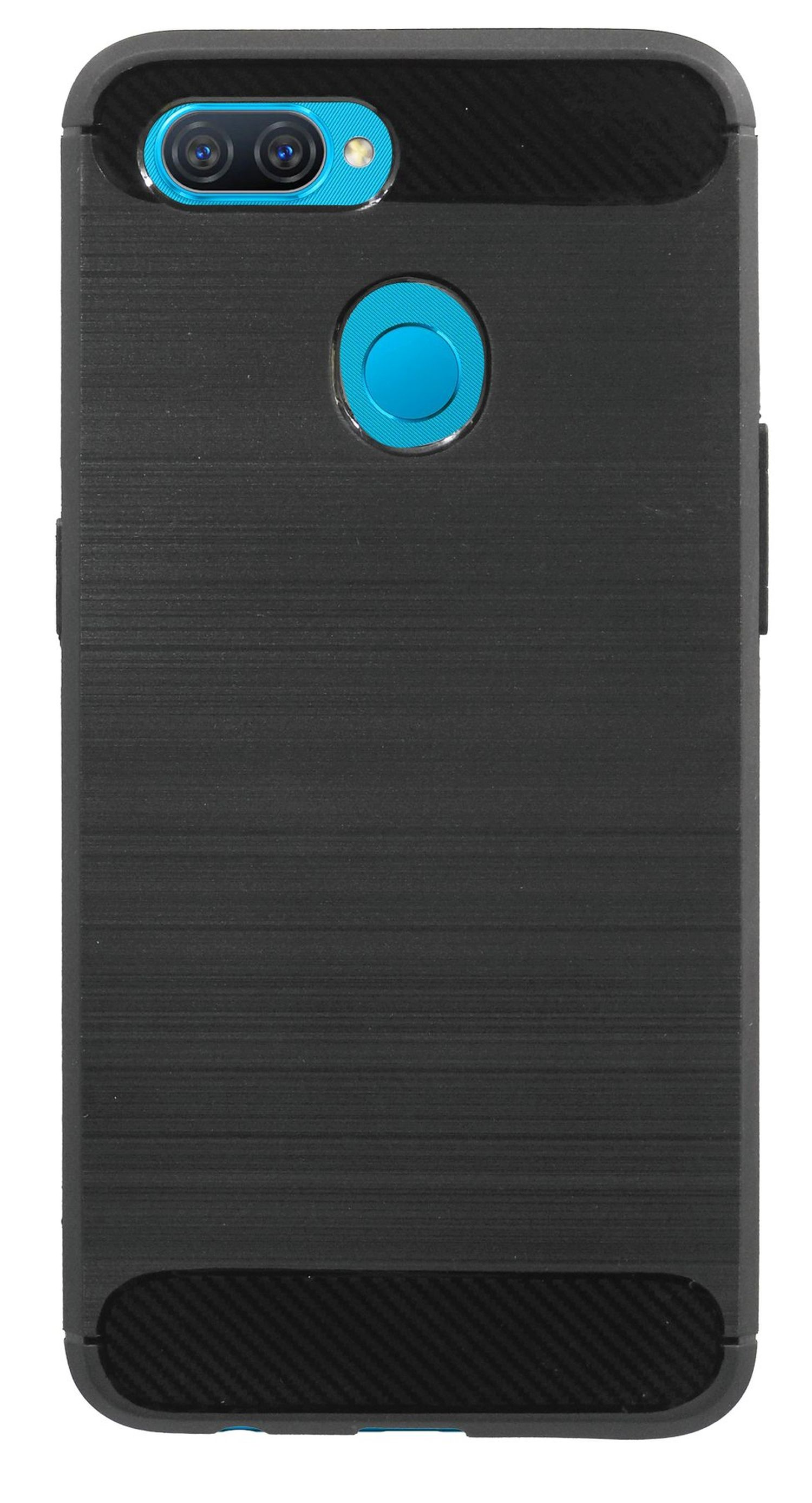 Schwarze Handyhülle mit strukturierter Oberfläche. Dual-Kamera und ein blauer Kreis auf der Rückseite.