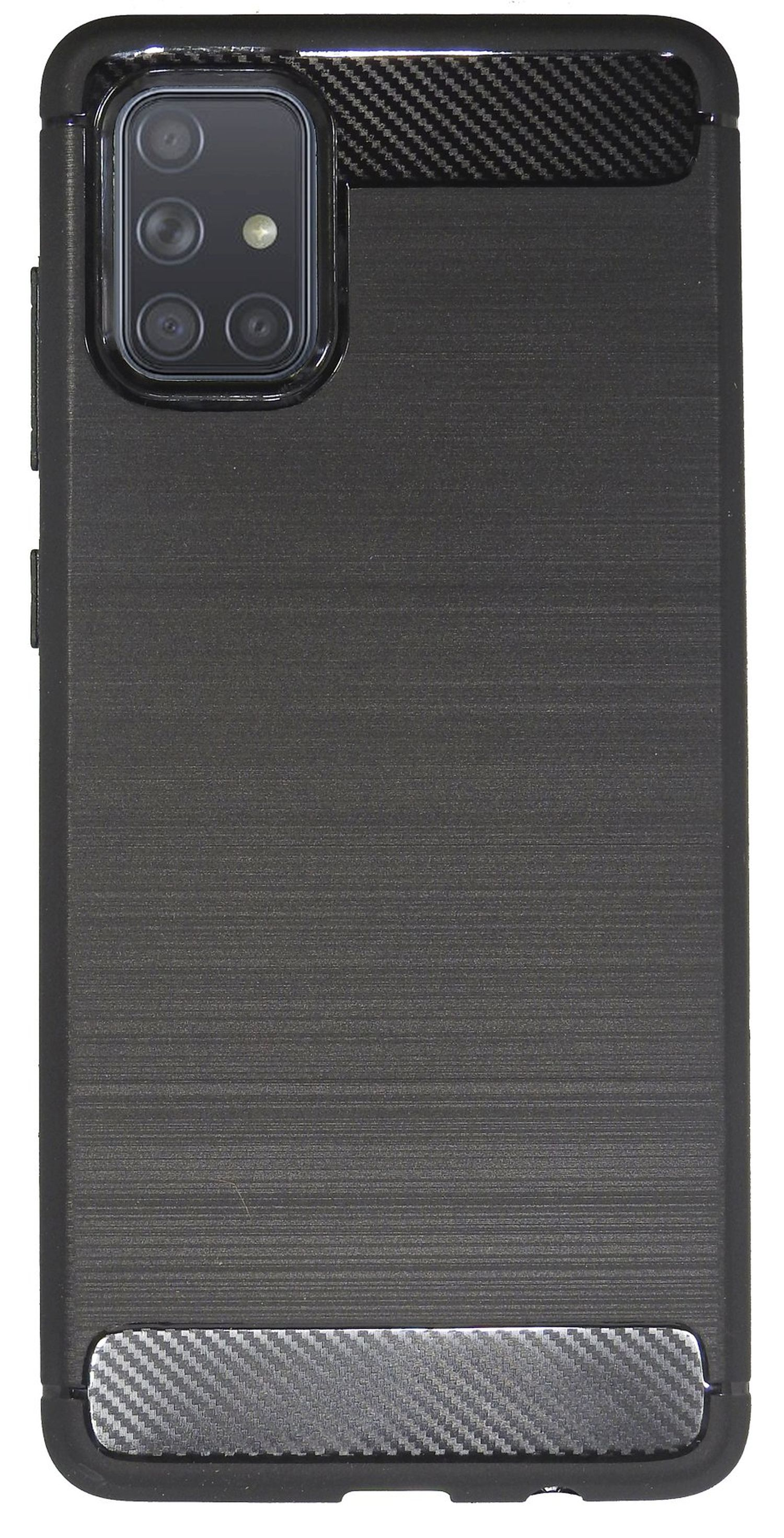 Schwarze Handyhülle mit Carbonfaser-Details.