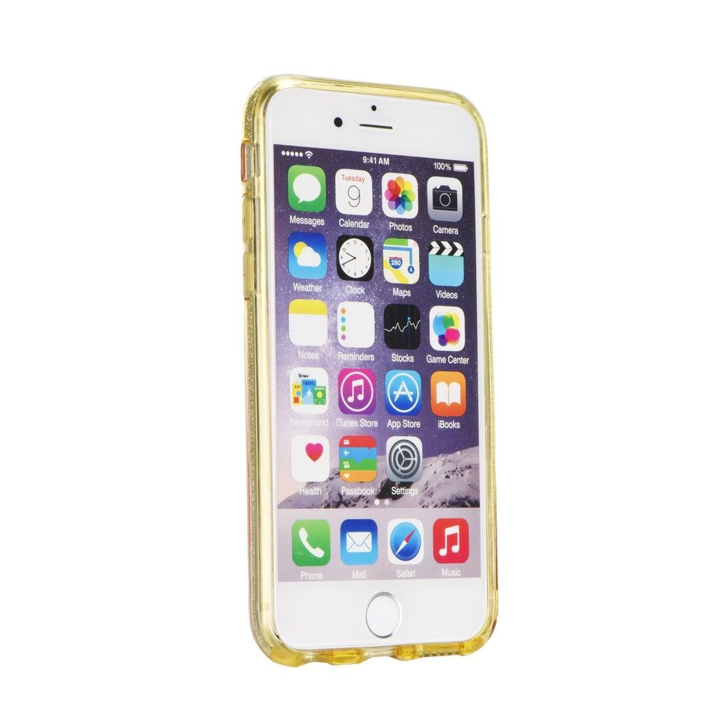 Weißes iPhone in einer goldenen Hülle. Auf dem Bildschirm werden Symbole angezeigt. Es ist vor weißem Hintergrund.