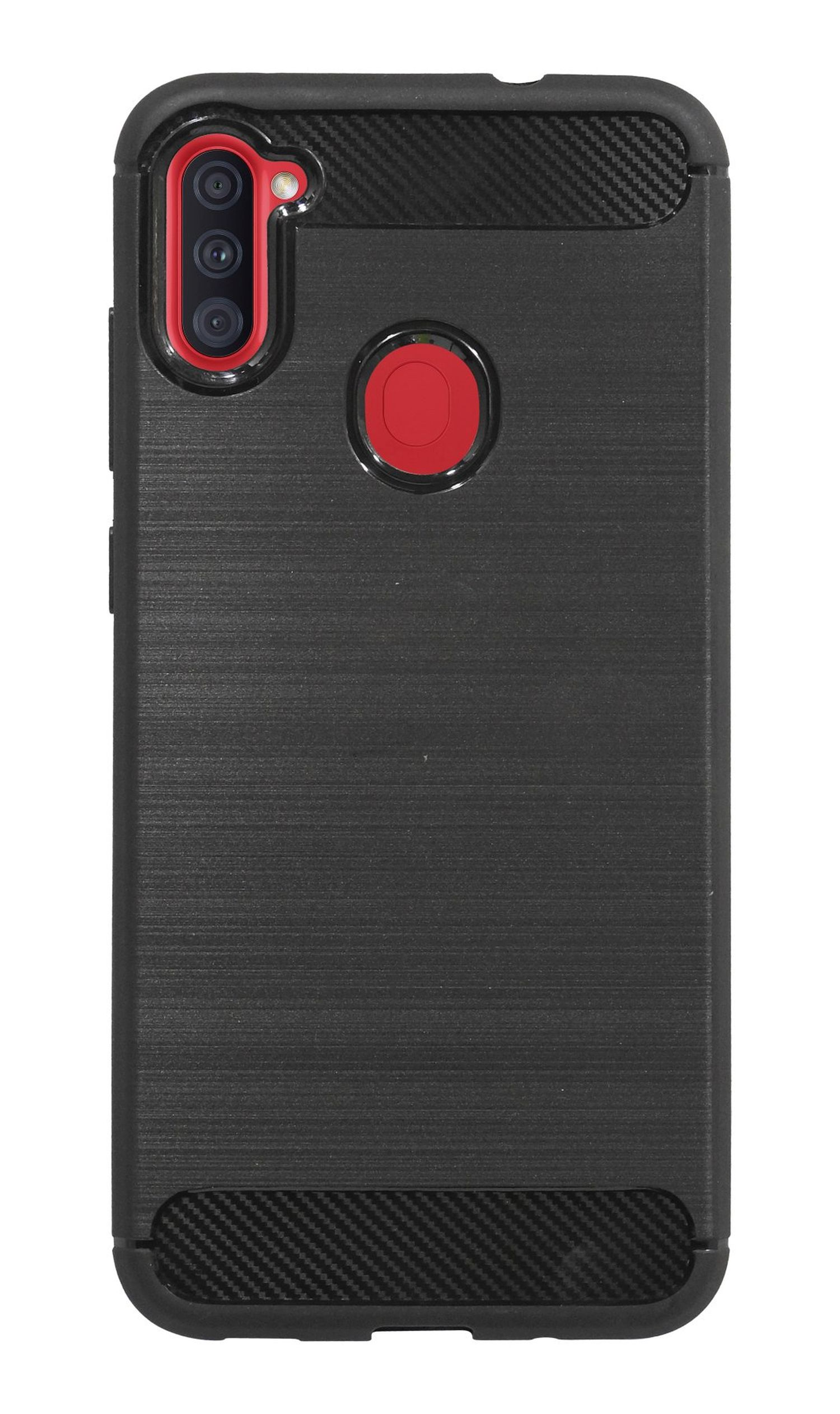 Schwarze Telefonhülle mit strukturiertem Muster und rotem Kameraring. Die Hülle hat schwarze Ränder.