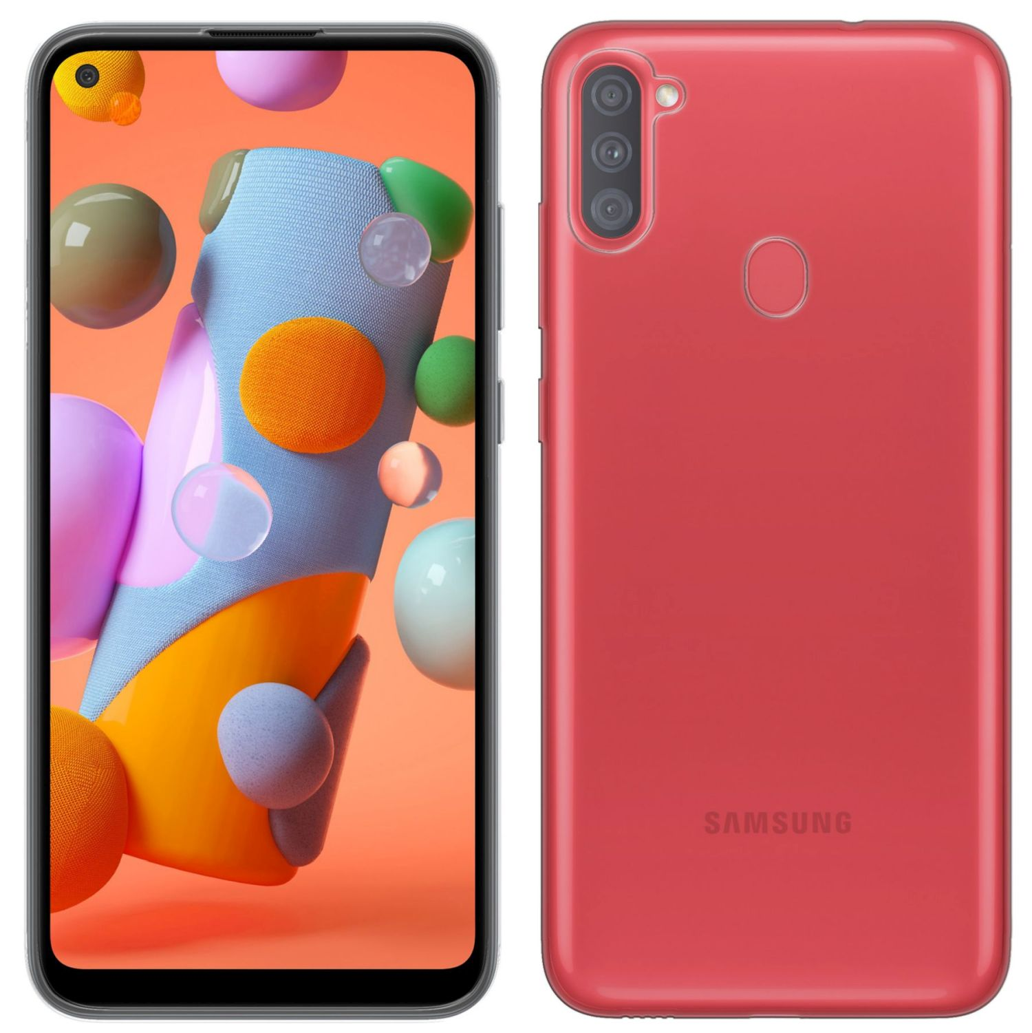 Un teléfono rojo con una funda transparente, mostrando la pantalla con formas coloridas y una funda.