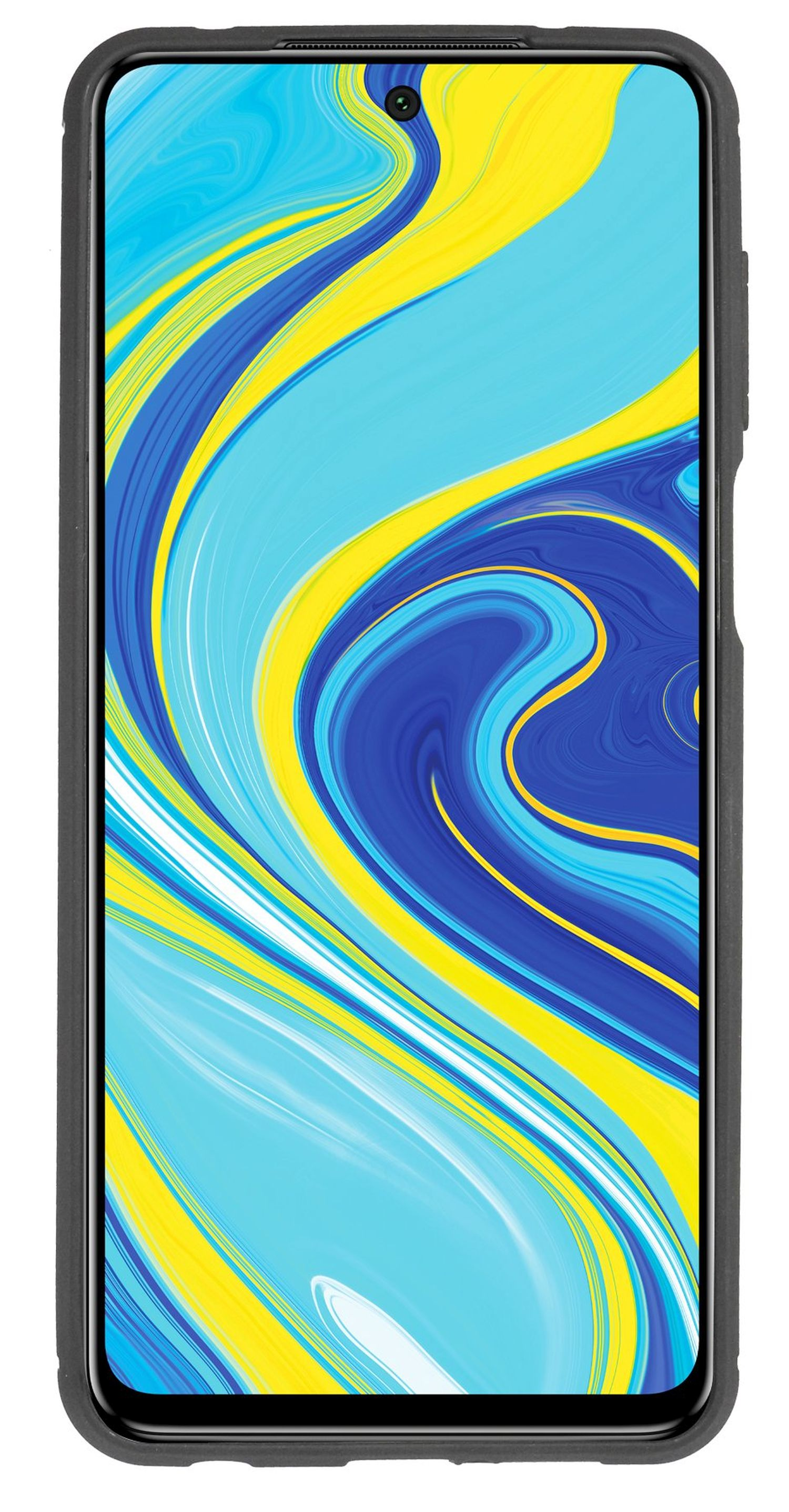 Schwarze Handyhülle auf Weiß. Der Bildschirm zeigt blaues, gelbes und weißes abstraktes Design.