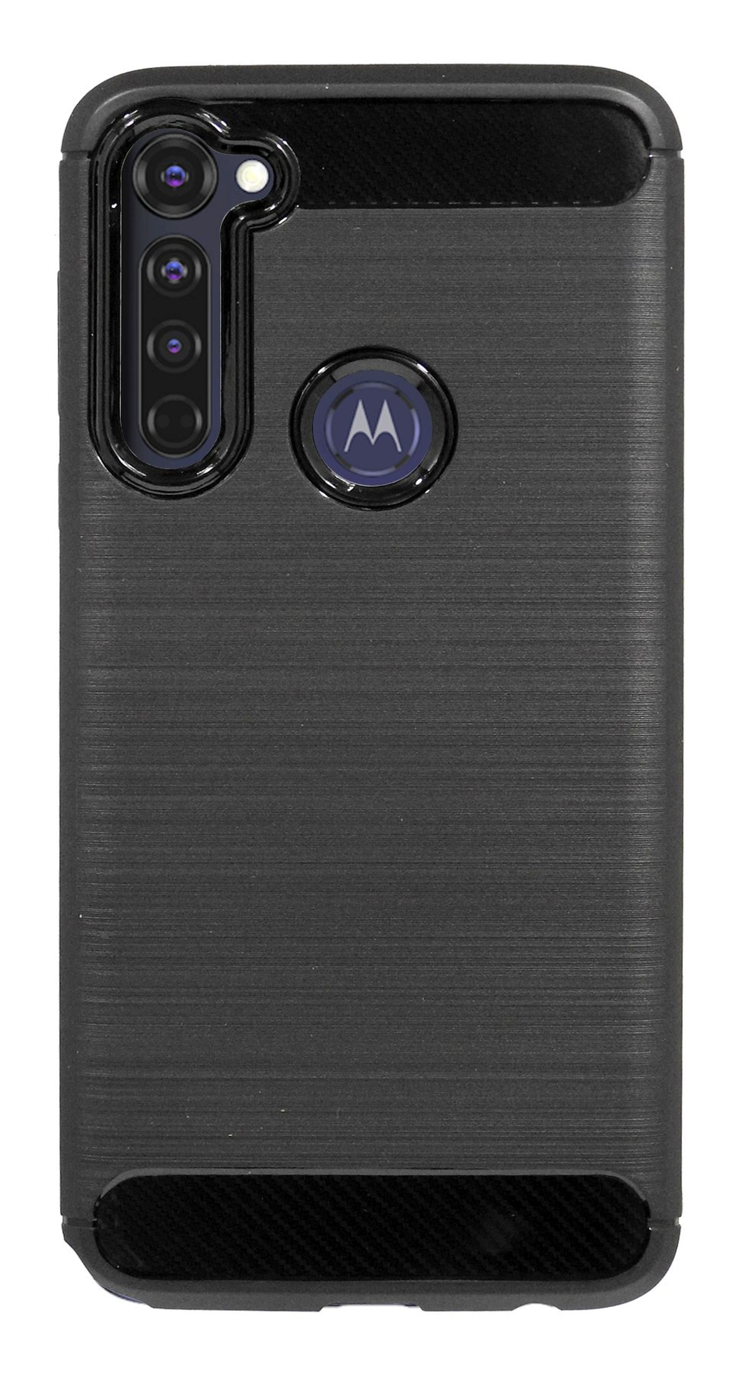 Eine schwarze Handyhülle mit strukturiertem Design und Kamerabereich, mit dem Motorola-Logo.