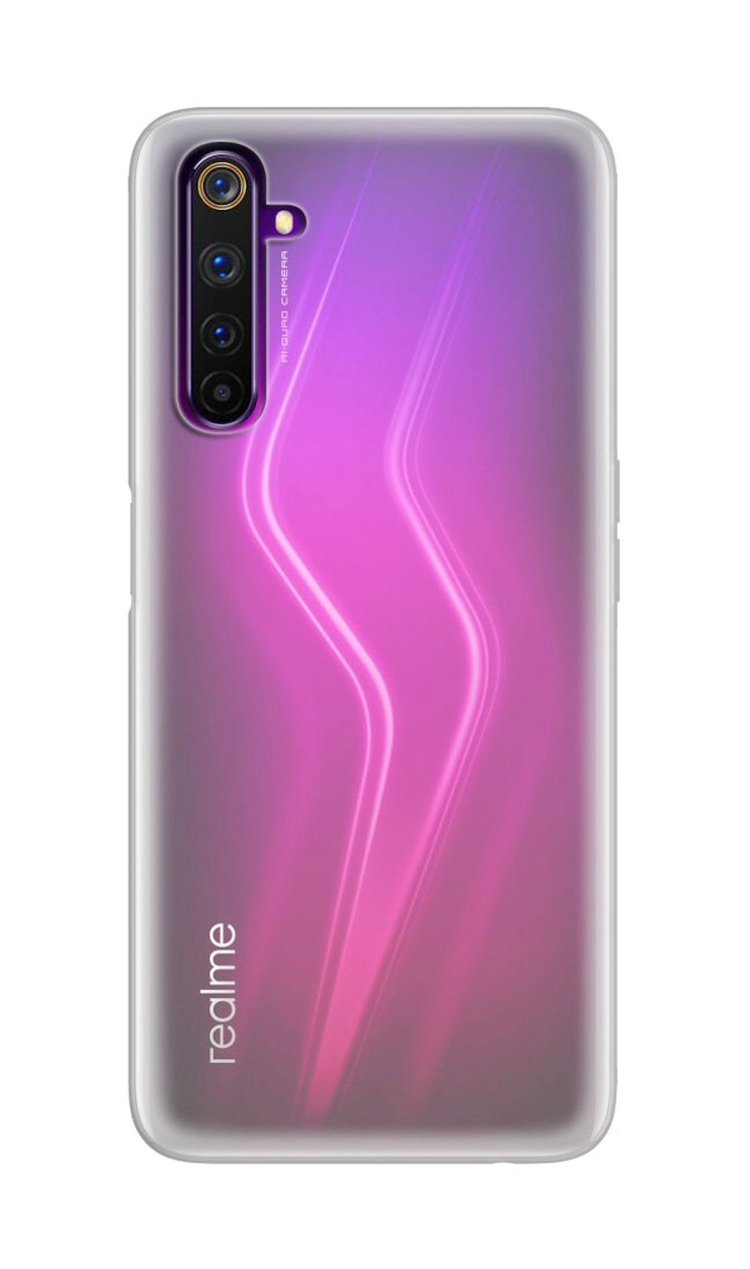 Eine Handyhülle mit einem lila und rosa Farbverlauf. Das Wort "realme" ist sichtbar.